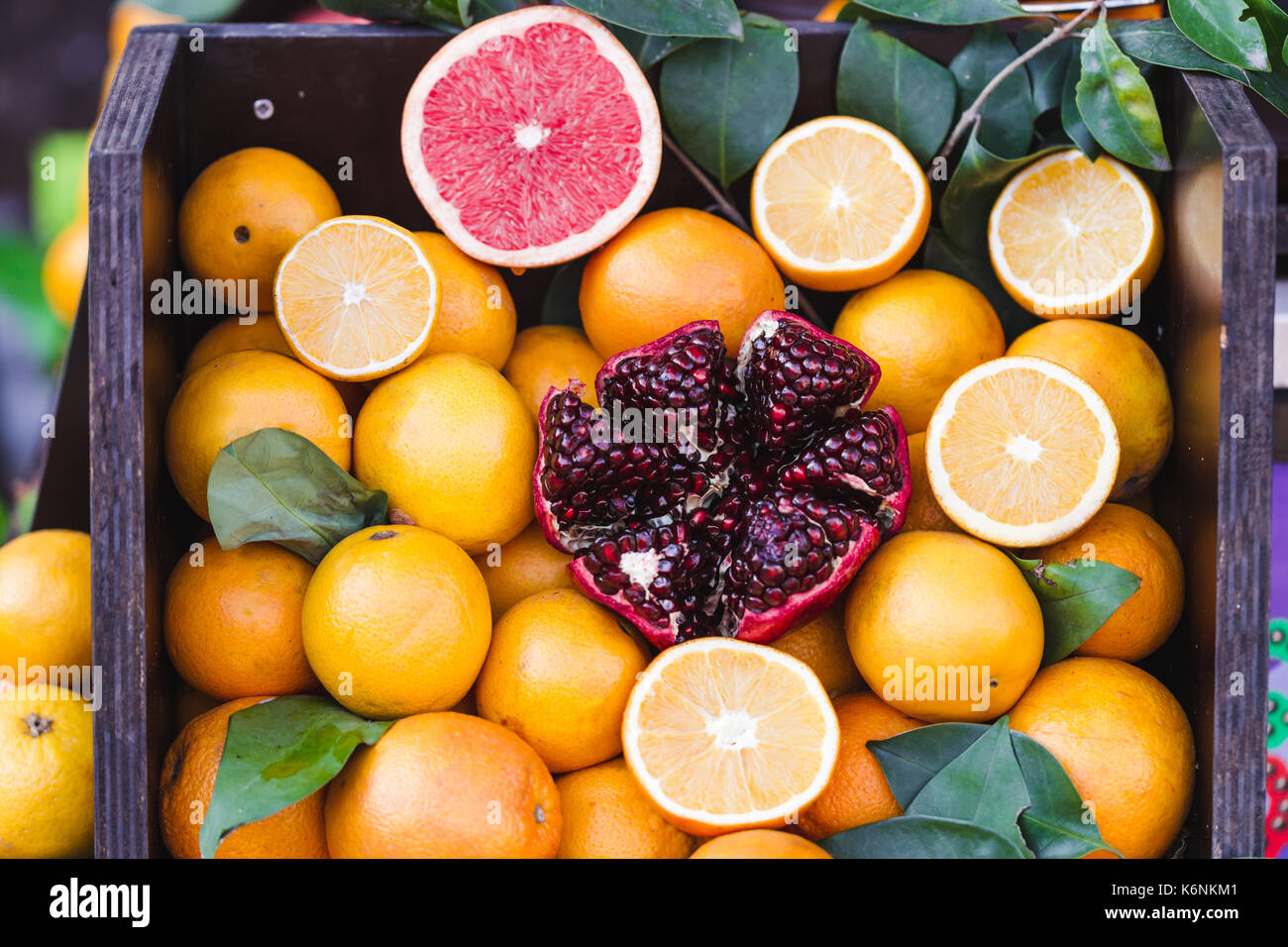 Mix tropic citrus fruits background.Fresh fruits close up.Healthy eating, dieting concept, clean eating. Making fresh juice outdoor Stock Photo