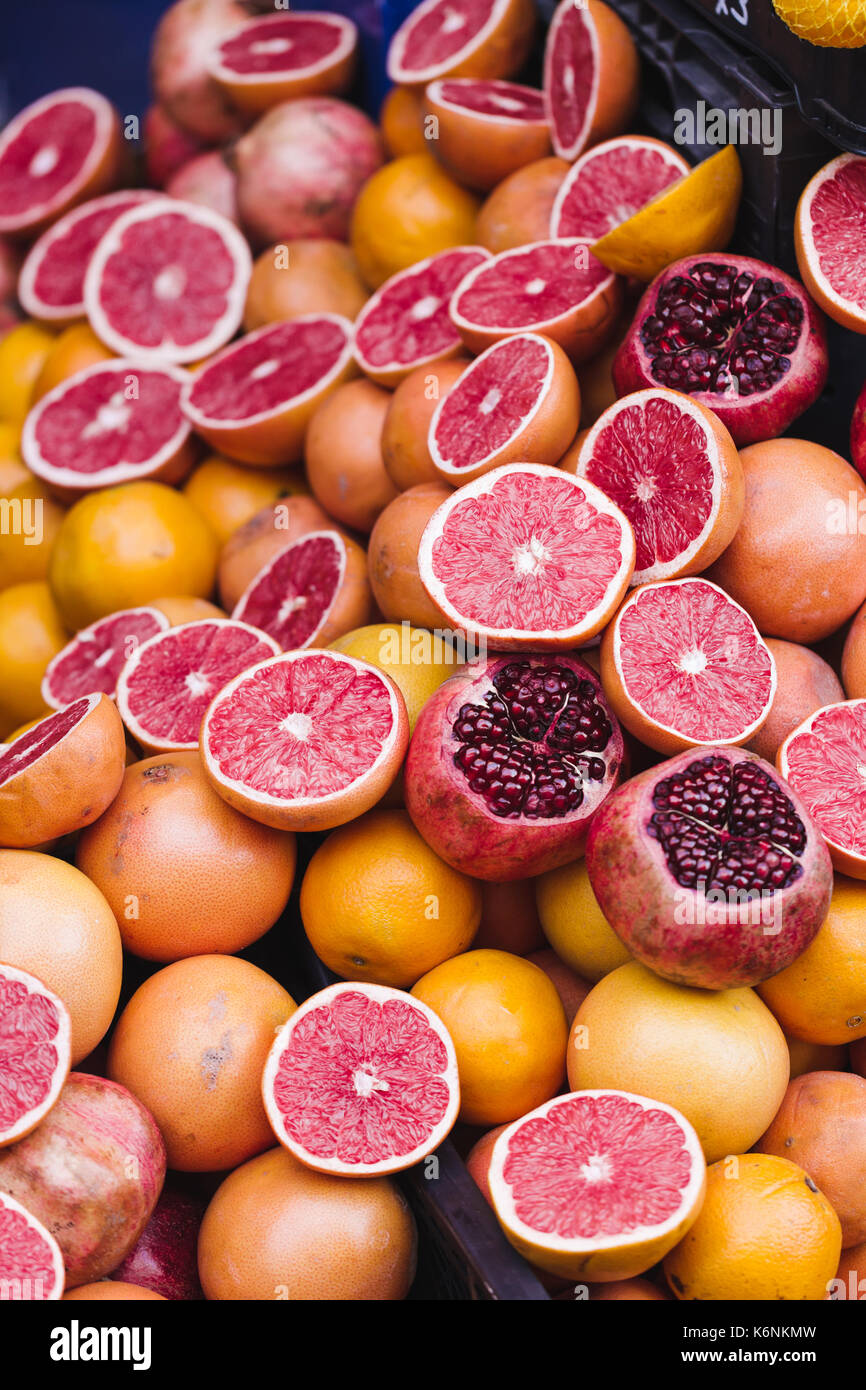 Mix tropic citrus fruits background.Fresh fruits close up.Healthy eating, dieting concept, clean eating. Making fresh juice outdoor Stock Photo