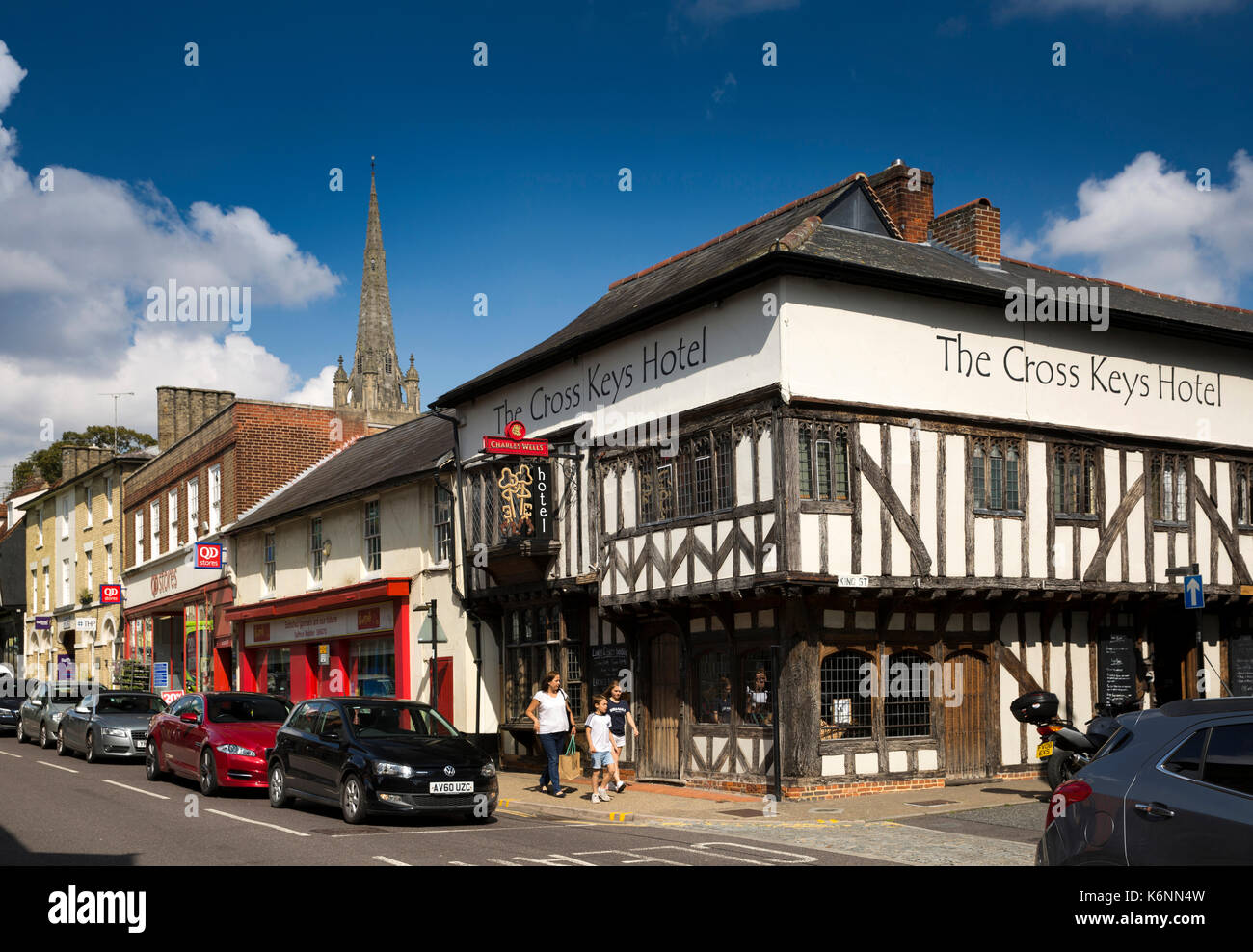 UK, England, Essex, Saffron Walden, High Street, Old Cross Keys Hotel, C15th timber framed pub Stock Photo