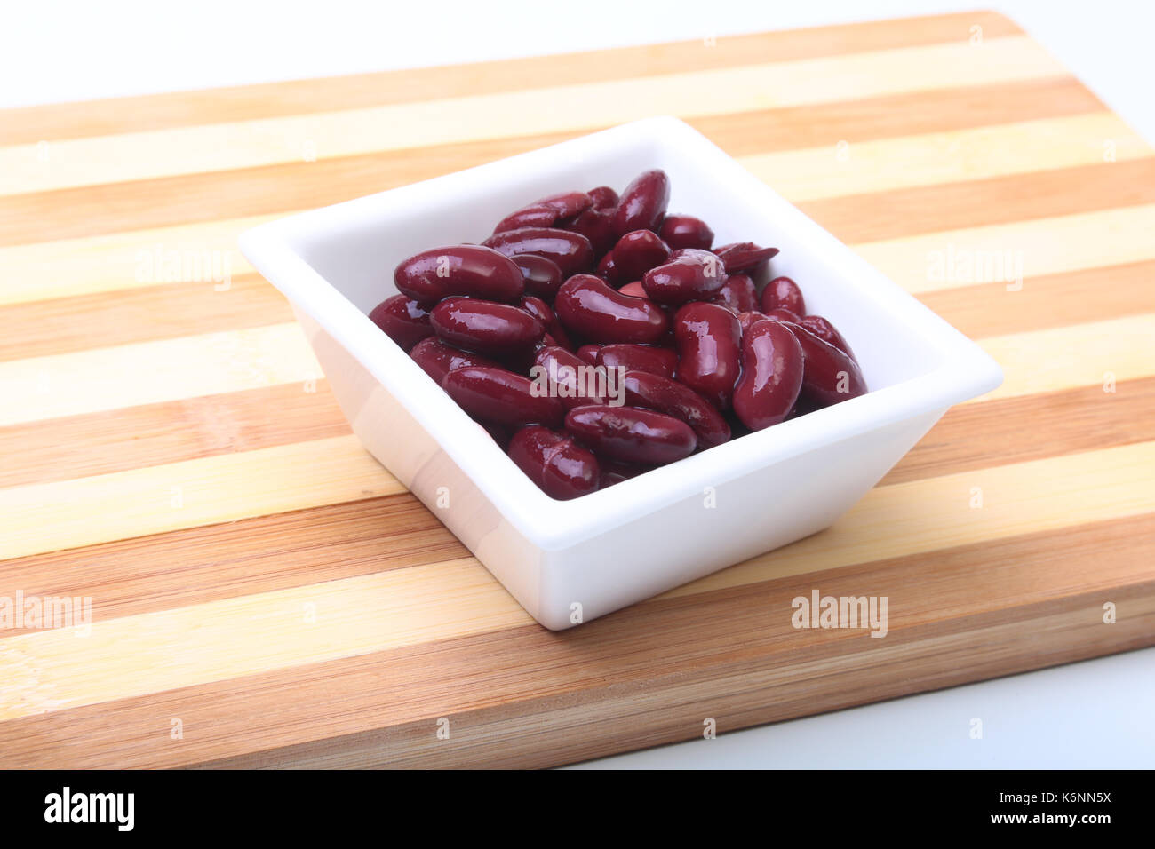 Heap of canned red kidney beans in the sauce in white bowl. vegetarian