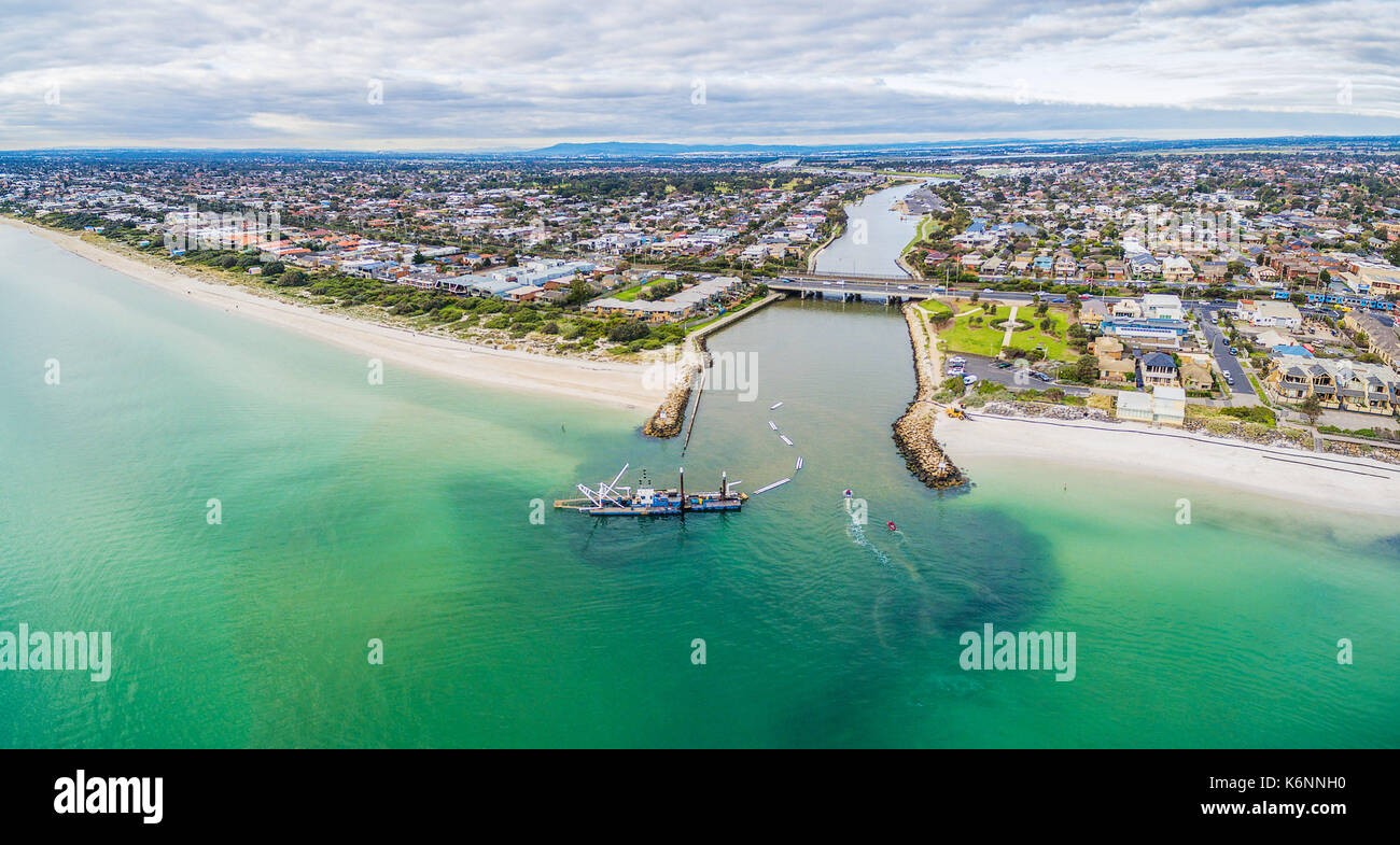 Aerial panoramic view of Patterson River mouth and Bonbeach suburb with coastline in Melbourne, Australia Stock Photo