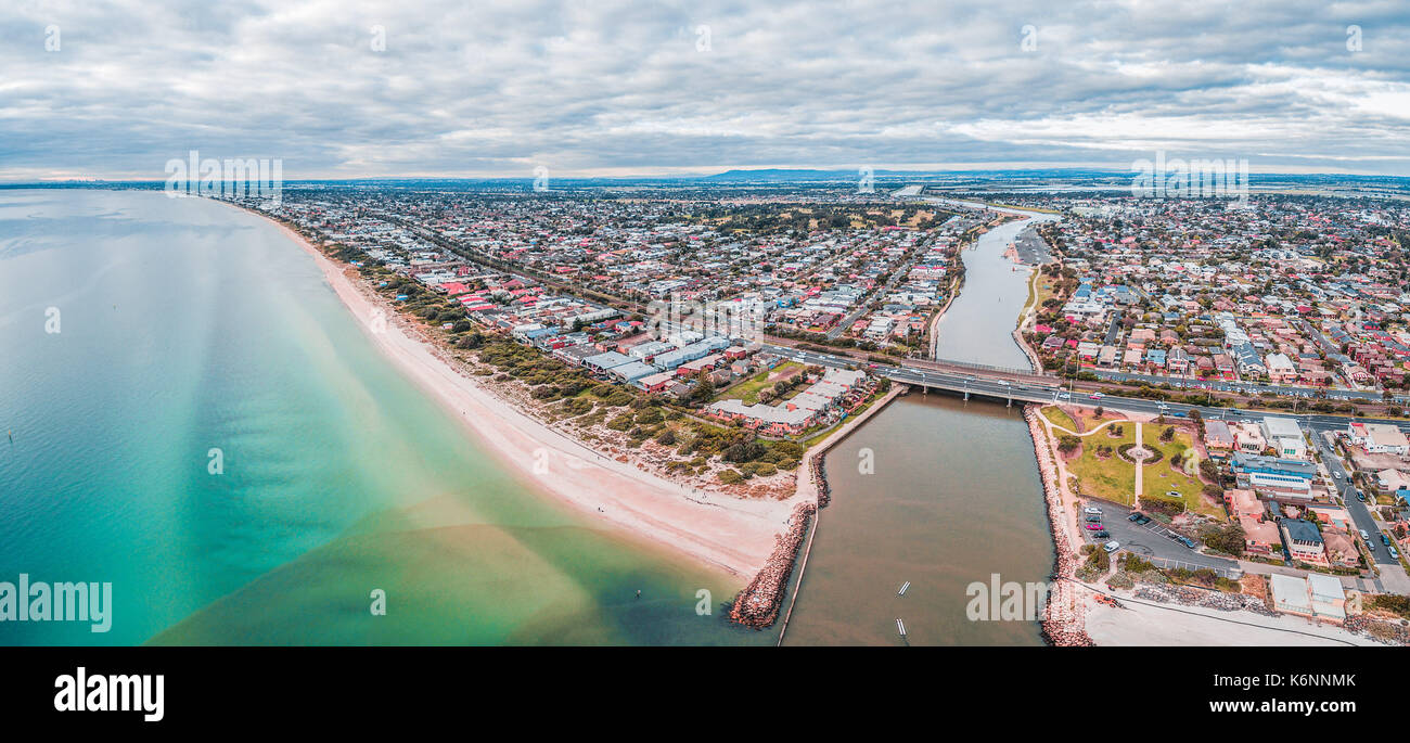 Aerial panorama of luxury suburb on Port Phillip Bay coastline in Melbourne, Australia Stock Photo