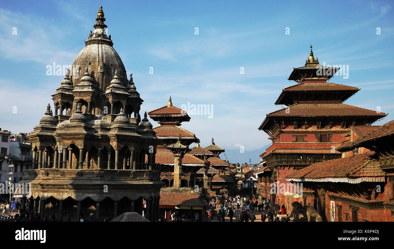 nepal cityscape, travel in ancient building in blue sky in traditional patan before the earthquake Stock Photo