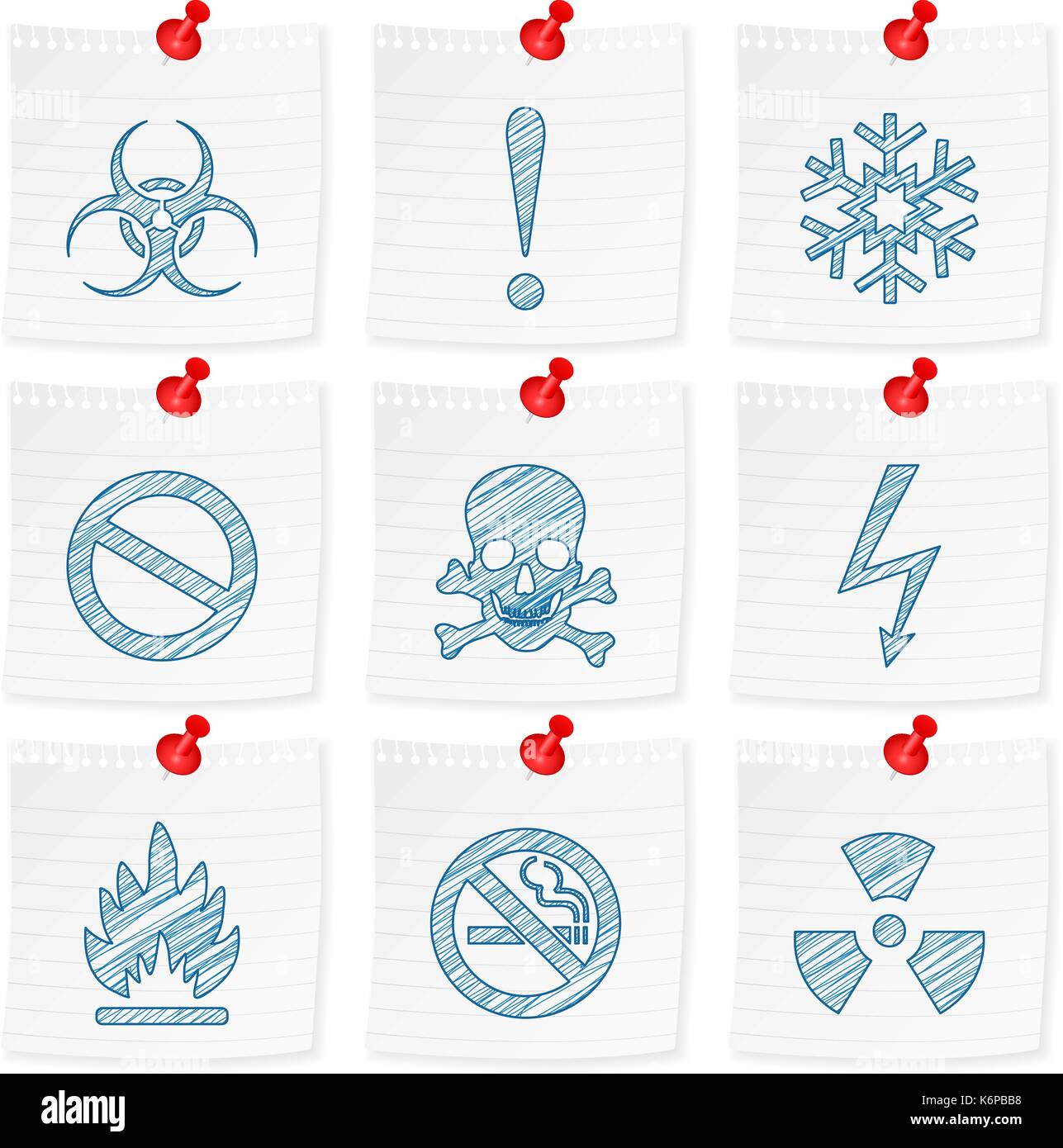 Paper note and drawing warning sign on a white background. Vector ...