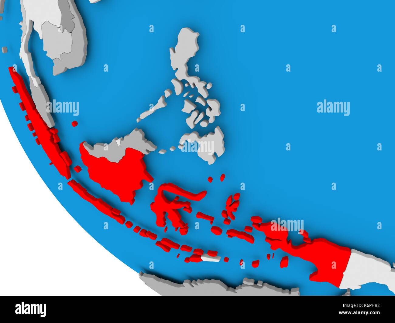 Map of Indonesia in red on political globe. 3D illustration. Stock Photo