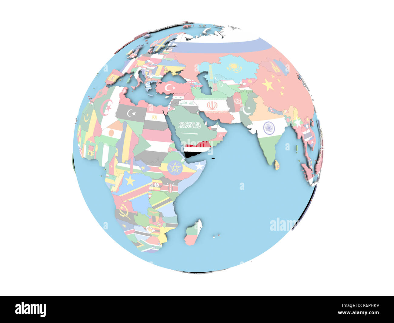 Yemen on political globe with embedded flags. 3D illustration isolated ...