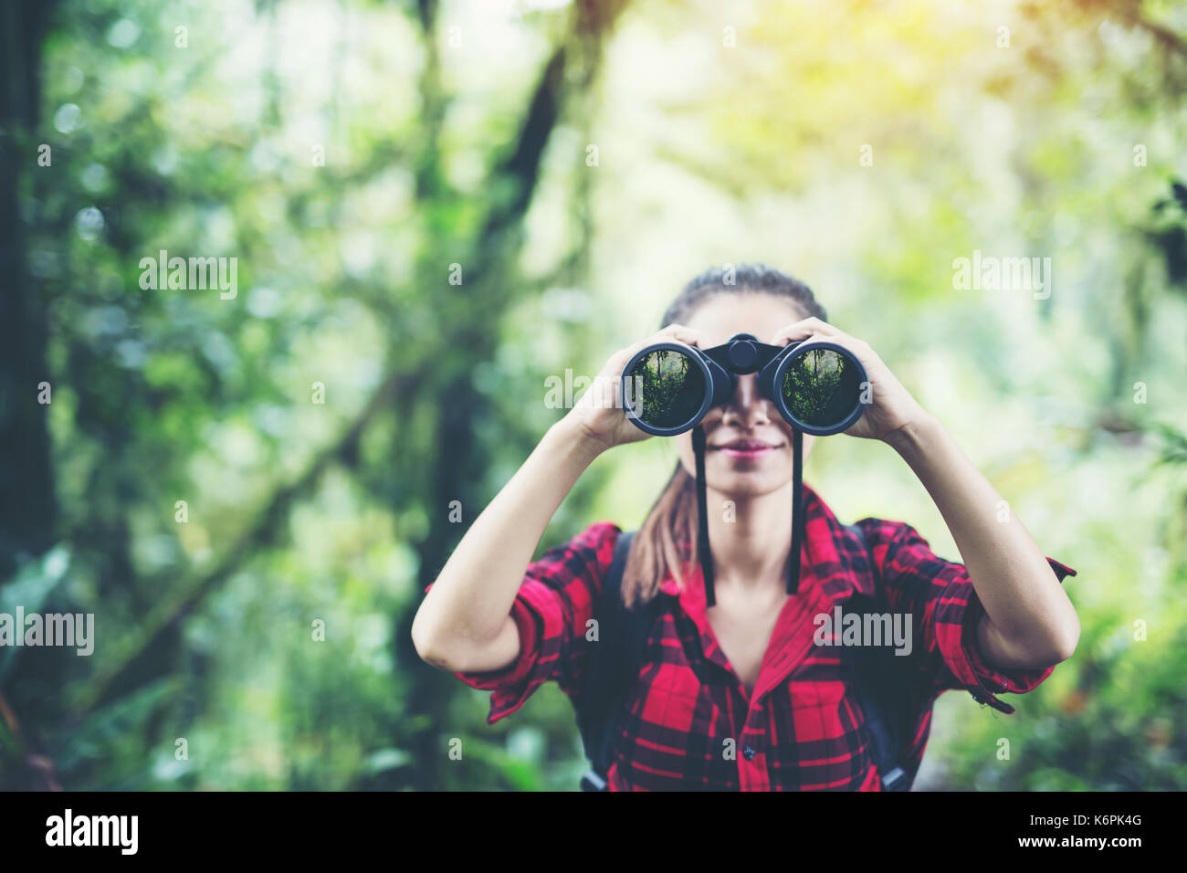 Women hiking telescope.hiking,adventure, travel, tourism Stock Photo