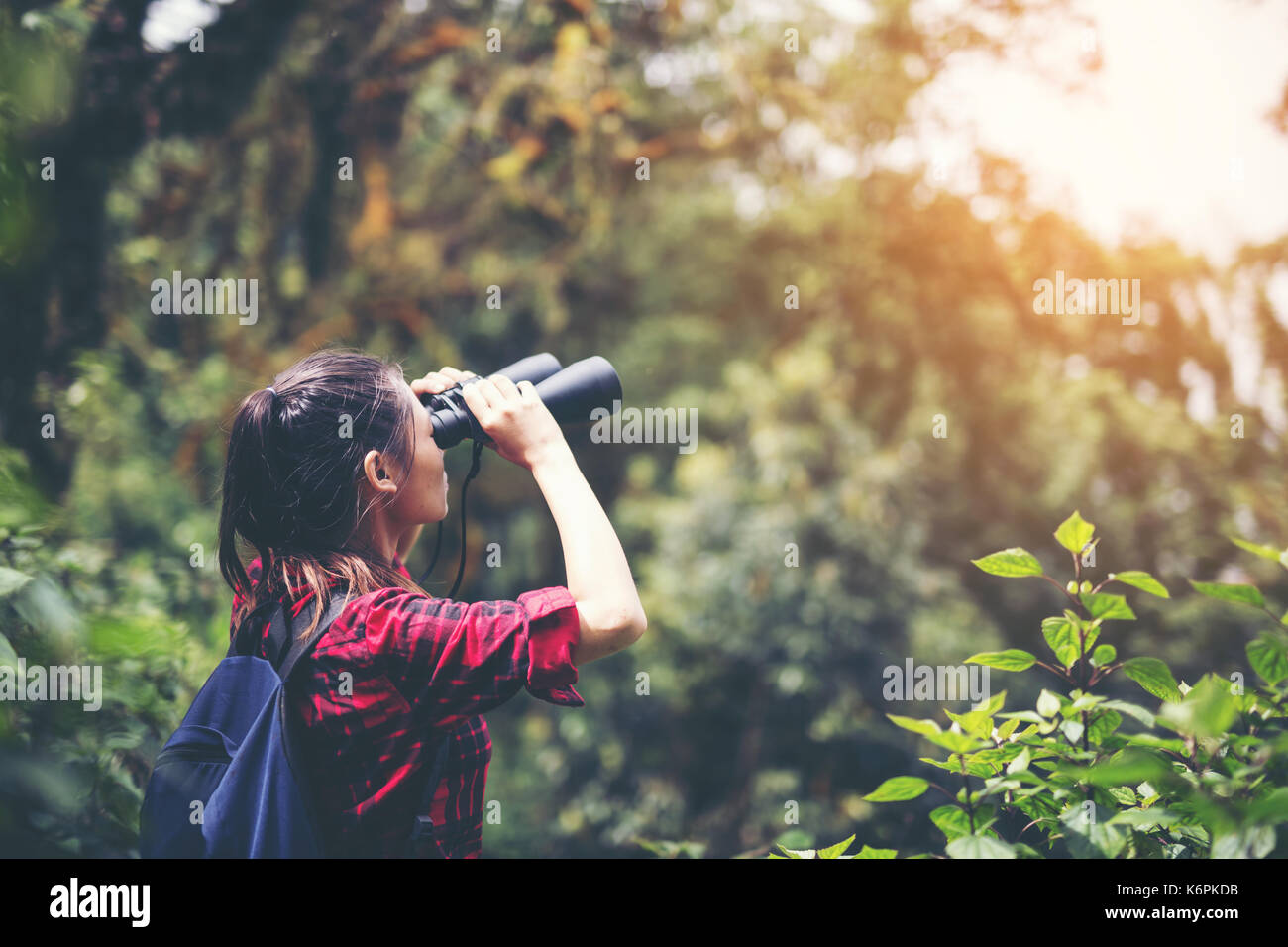 Women hiking telescope.hiking,adventure, travel, tourism Stock Photo