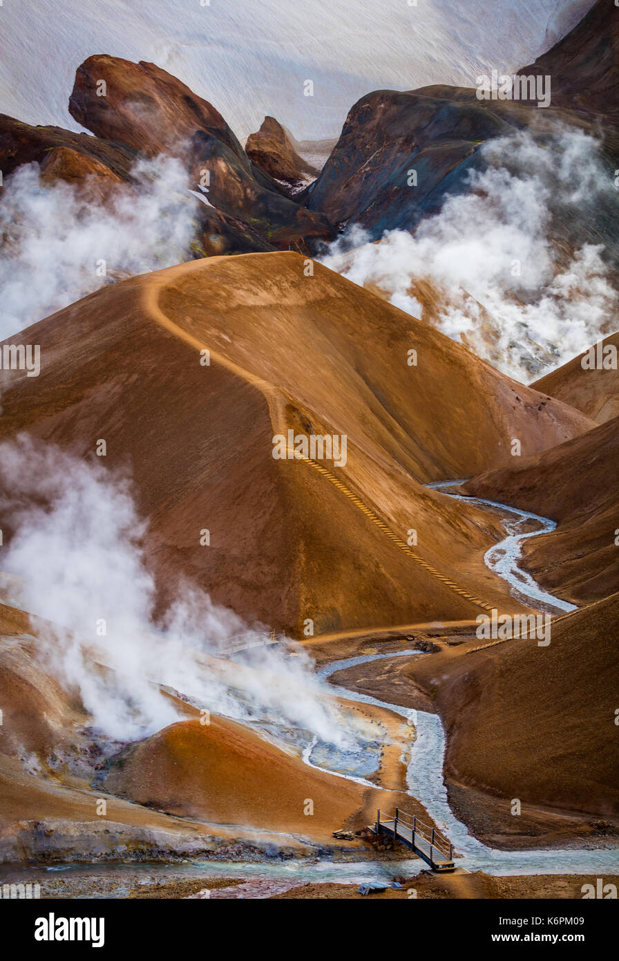 Kerlingarfjöll is a 1,477 m (4,846 ft)) tall mountain range in Iceland situated in the Highlands of Iceland near the Kjölur highland road. Stock Photo