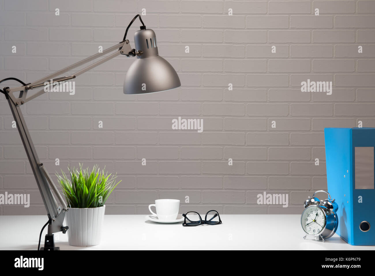Empty white working table in fis at night Stock Photo