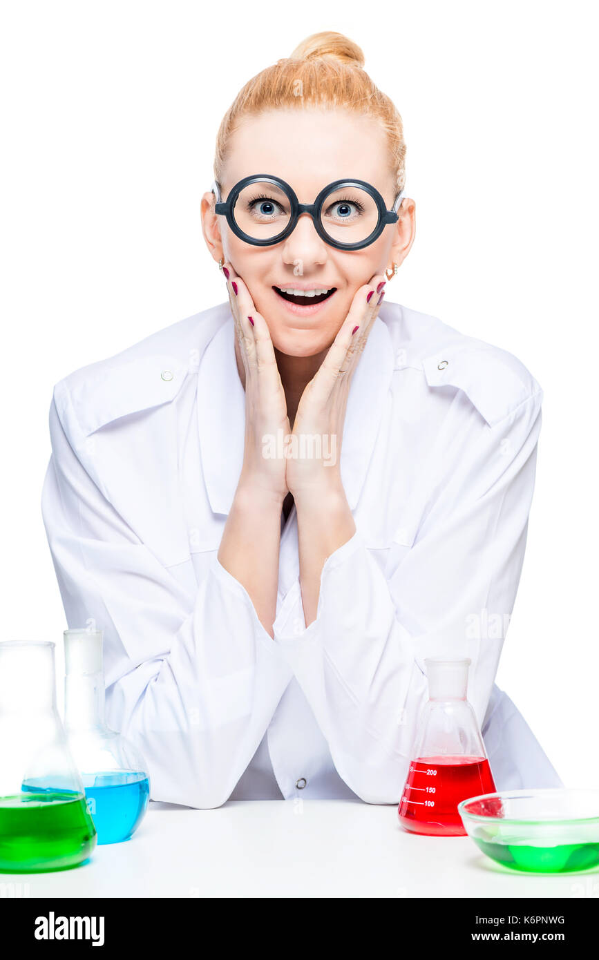 portrait of a joyful chemist in funny glasses with test tubes Stock ...