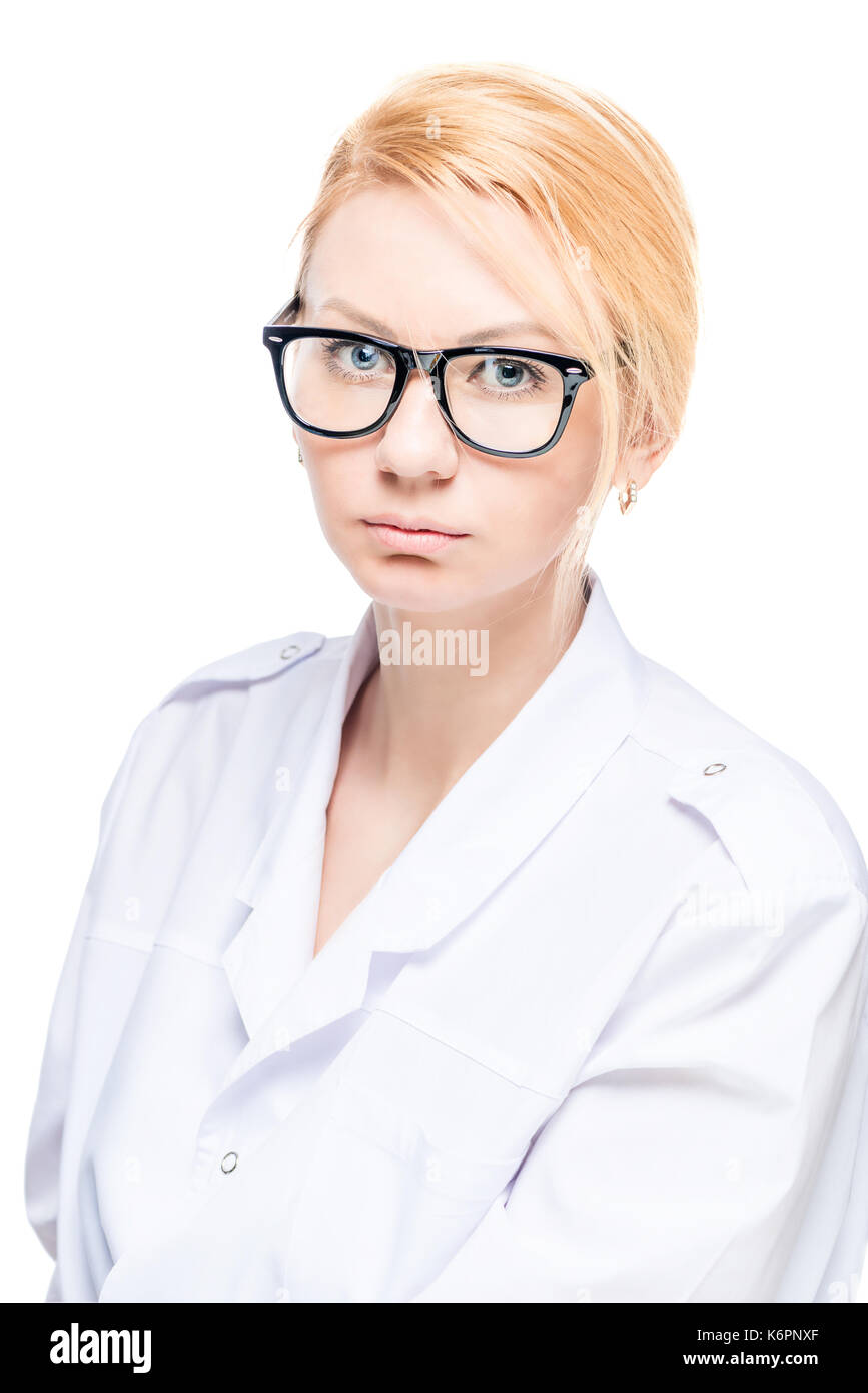Professional doctor with glasses, portrait on white background isolated Stock Photo