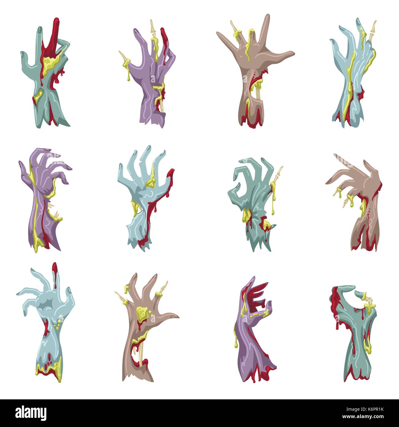 Zombie hand set with gore vector illustration. Cartoon doomsday bloody and decayed grabbing hands or undead human limbs isolated on white Stock Vector