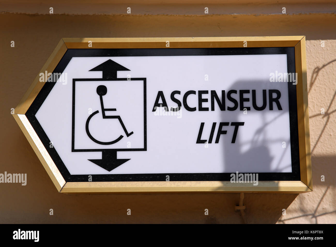 Sign Showing Direction for the Lift in English and French Stock Photo