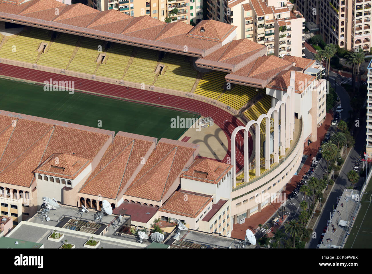 Fontvieille, Monaco - June 1, 2016: Aerial view of Stade Louis II in Monaco, south of France Stock Photo