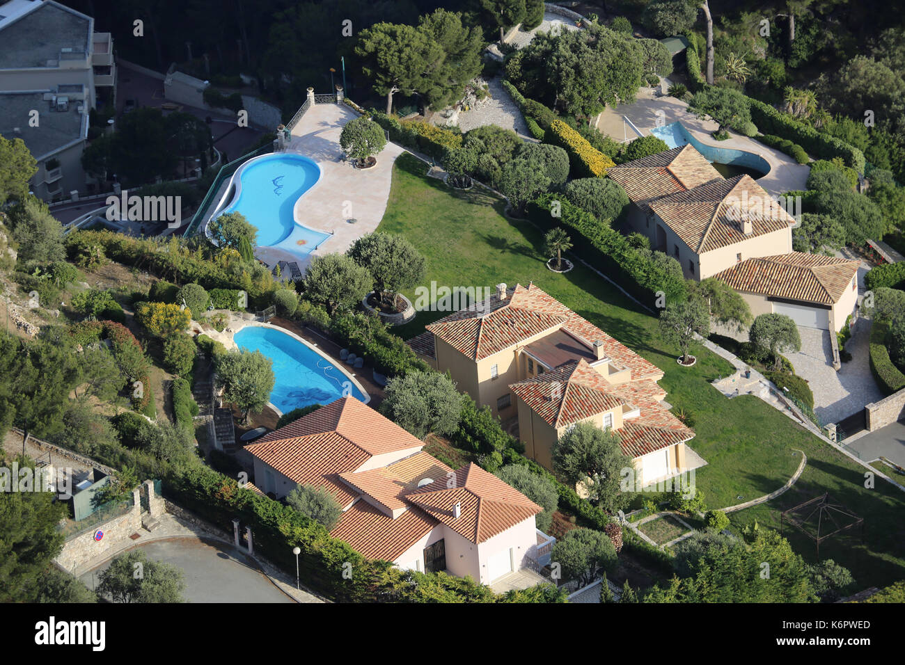 Aerial View of Luxurious Houses and Pools on The French Riviera Stock Photo