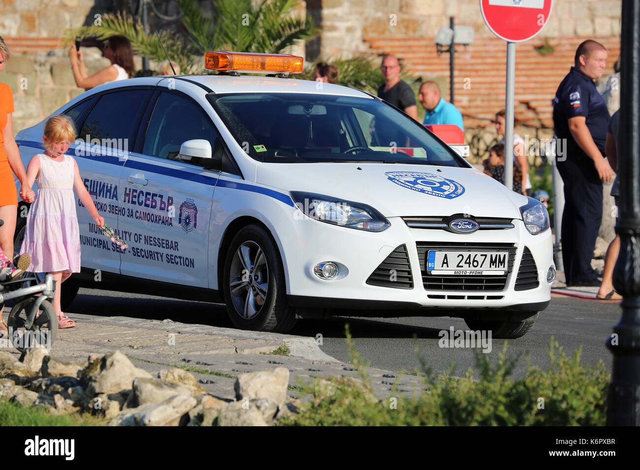 Nessebar, Bulgaria - July 16, 2016: White Ford Focus Police (Municipality Of Nessebar) Car Parked on the Street in Nessebar on the Bulgarian Black Sea Stock Photo