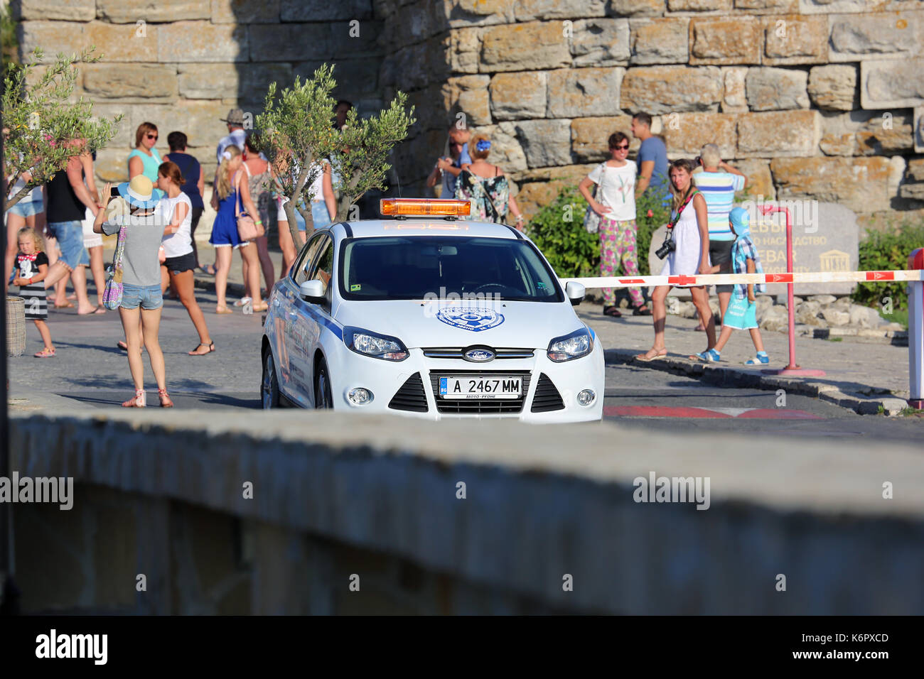 Nessebar, Bulgaria - July 16, 2016: White Ford Focus Police (Municipality Of Nessebar) Car Parked on the Street in Nessebar on the Bulgarian Black Sea Stock Photo