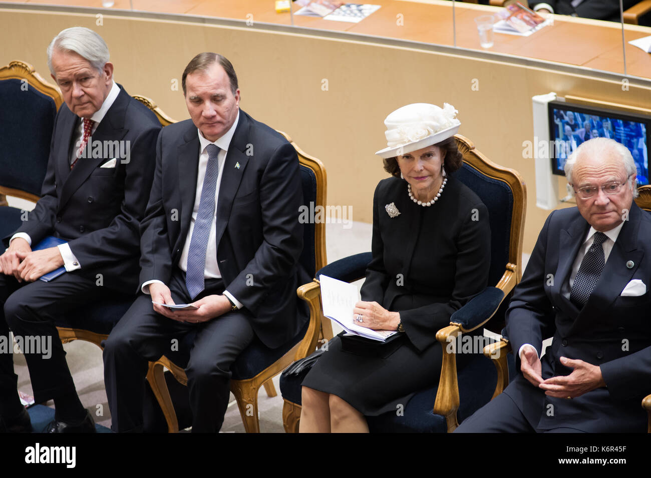 Stockholm, Sweden, 12th September, 2017. Opening of the Riksdag session.  Ceremony in the Chamber at the opening of the Riksdag session. PM Stefan Lofven, Queen Silvia, King Carl XVI Gustaf. /Credit:Barbro Bergfeldt/Alamy Live News Stock Photo