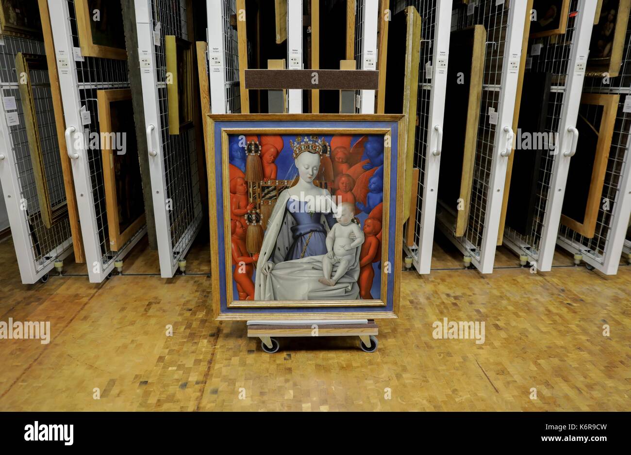 Berlin, Germany. 13th Sep, 2017. The right wing of the Melun Diptych by Jean Fouquet can be see inside the depot of the Gallery of Old Masters in Berlin, Germany, 13 September 2017. The exhibition 'Jean Fouquet. The Melun Diptych' will last from the 15th of September to the 7th of January. Photo: Kay Nietfeld/dpa/Alamy Live News Stock Photo