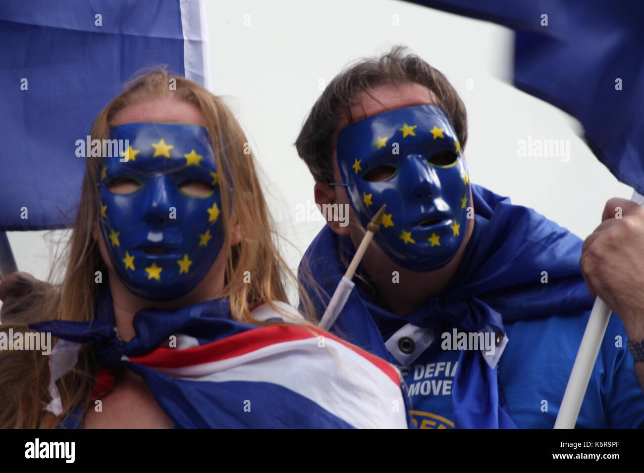 London, UK. 13th Sep, 2017. People in the EU masks with the flags are