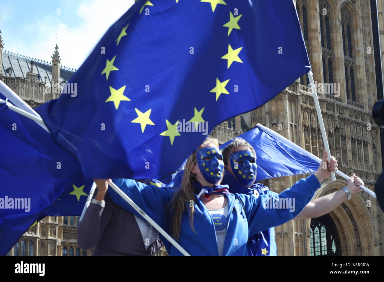 London, UK. 13th Sep, 2017. People in the EU masks with the flags are