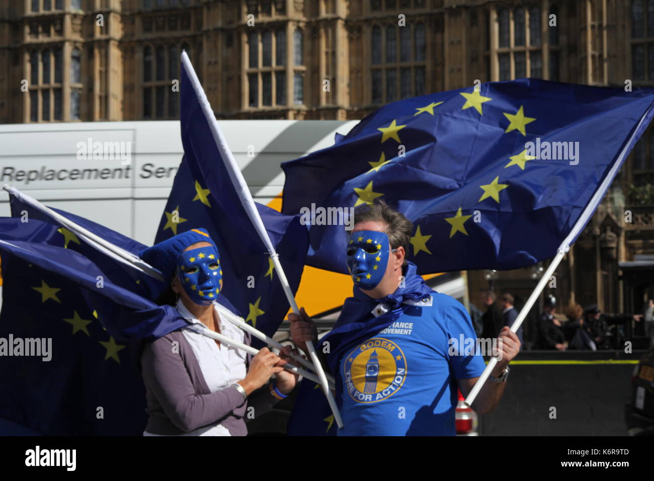 London, UK. 13th Sep, 2017. People in the EU masks with the flags are