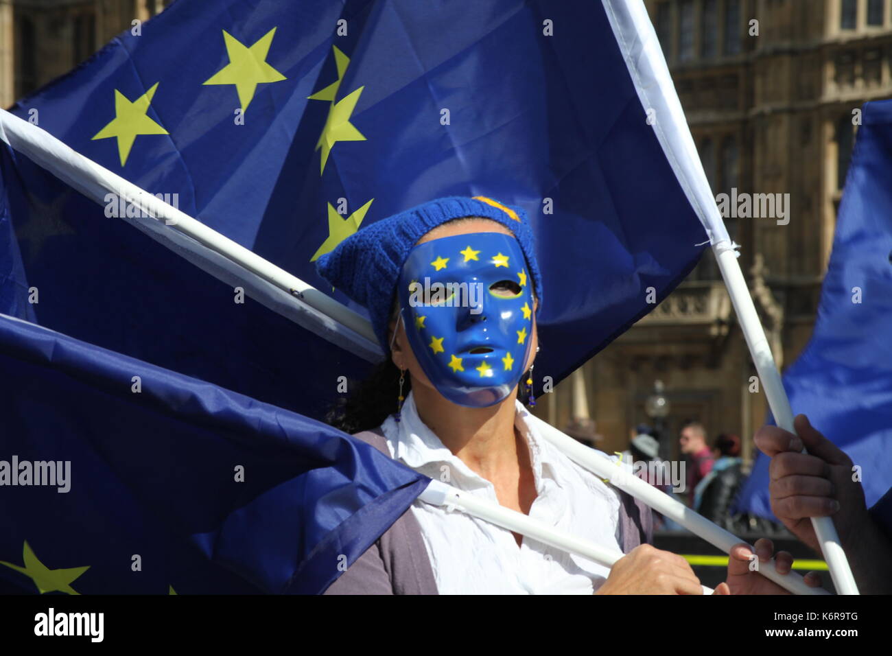 London, UK. 13th Sep, 2017. People in the EU masks with the flags are