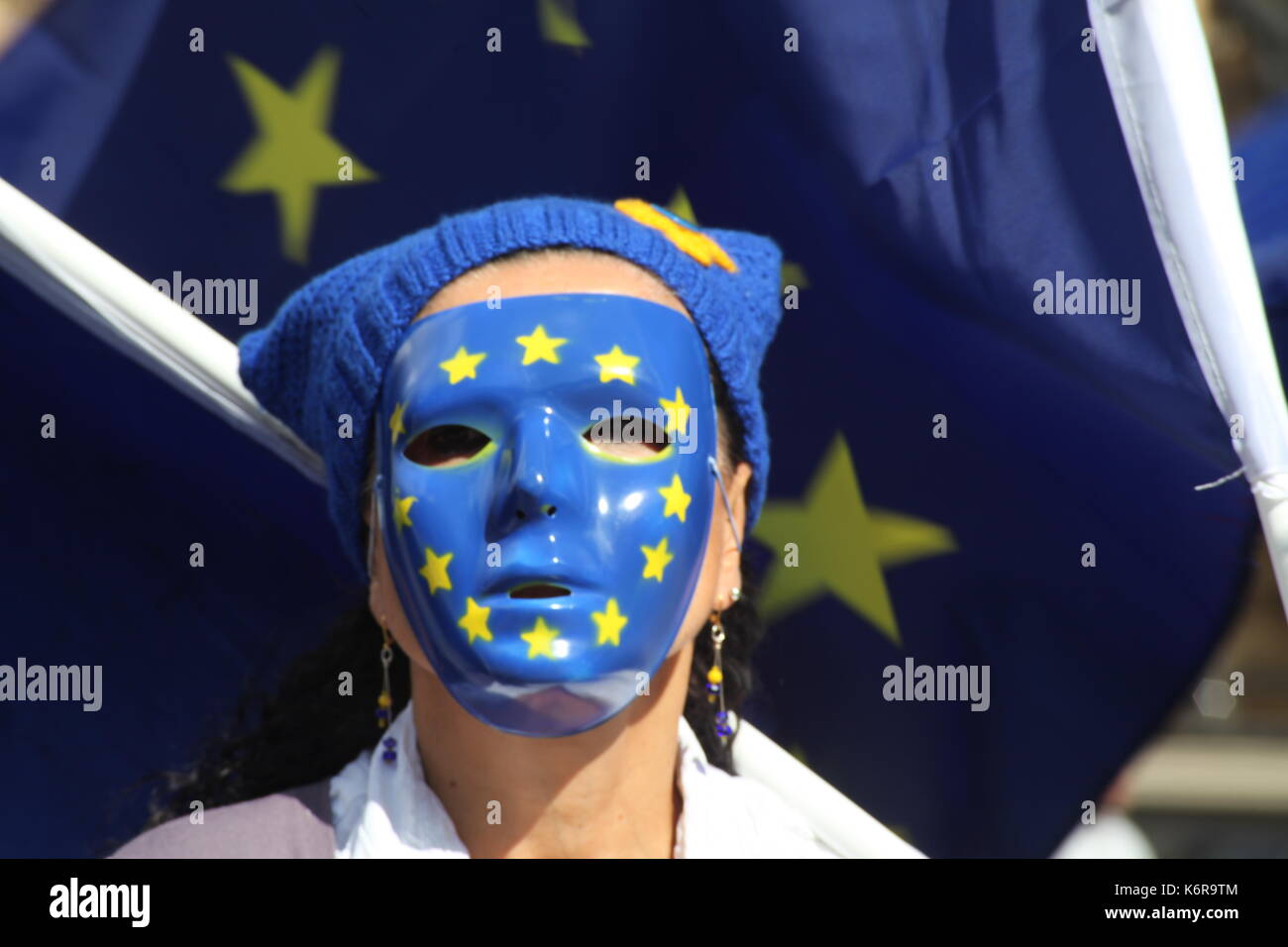 London, UK. 13th Sep, 2017. People in the EU masks with the flags are