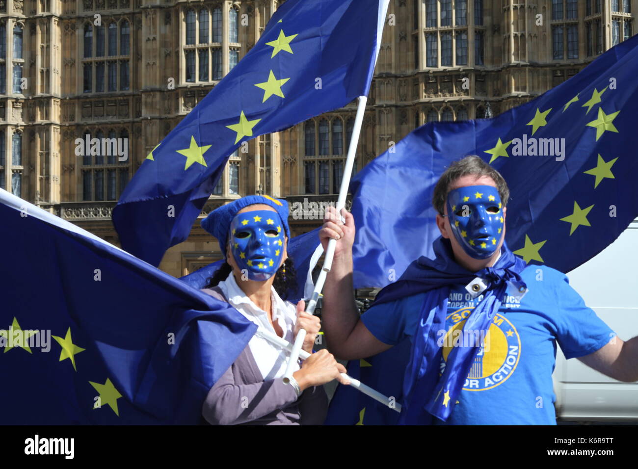 London, UK. 13th Sep, 2017. People in the EU masks with the flags are