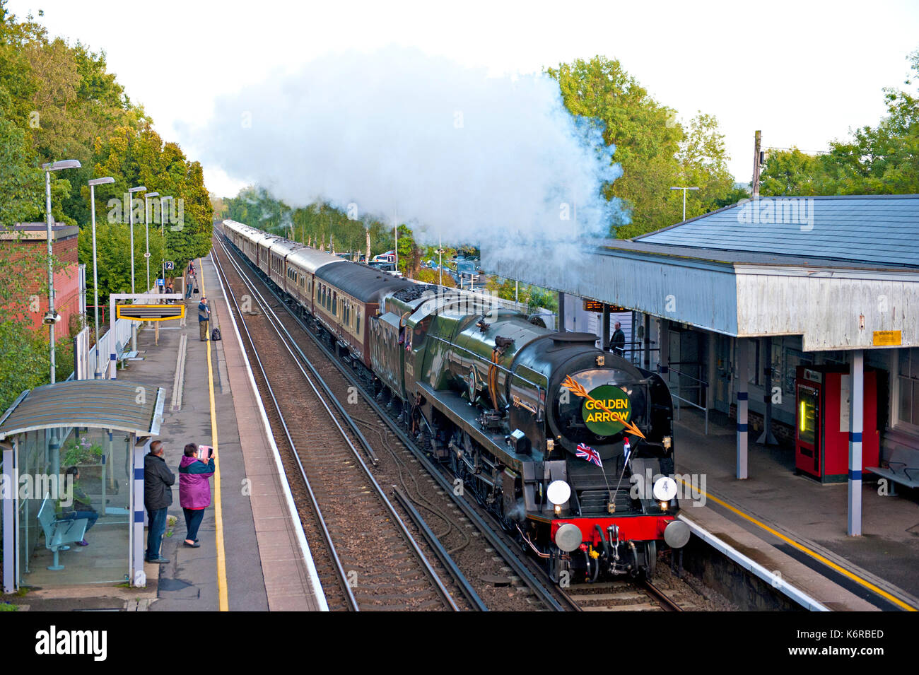 Hildenborough, Kent, UK. 13th Sep, 2017. The special charter train celebrates the Southern Railway's famous Pullman Boat Train, 'The Golden Arrow', which ran from 1929 to 1972. The train, organised by Herfordshire Railtours, ran from London Victoria to Dover and return. The steam locomotive, 35028 'Clan Line' was originally withdrawn from service in 1967 and was purchased by a preservation society for restoration. Clan Line returned to steam in 1974 and is now used to haul prestigious special trains on the mainline. Credit: patrick nairne/Alamy Live News Stock Photo