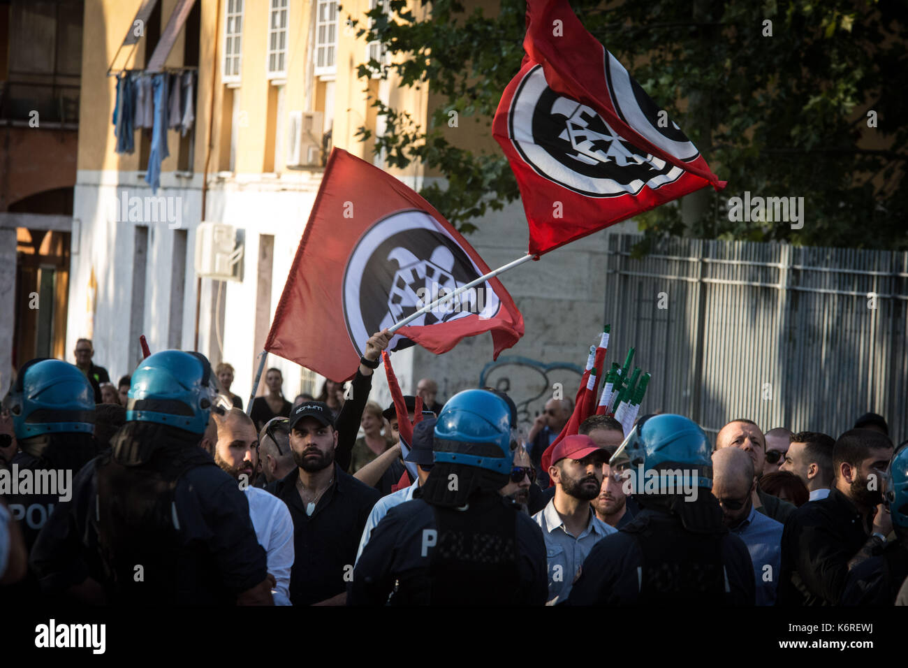 Rome, Italy. 13th Sep, 2017. Clashes between anti-fascists and militants of CasaPound at Tiburtino III for the extraordinary City Council, convened at the request of the exponents of the far right to decide on the future of the centre of Reception of the Red Cross in Via del Frantoio, on September 13, 2017 in Rome, Italy. Credit: SOPA Images Limited/Alamy Live News Stock Photo