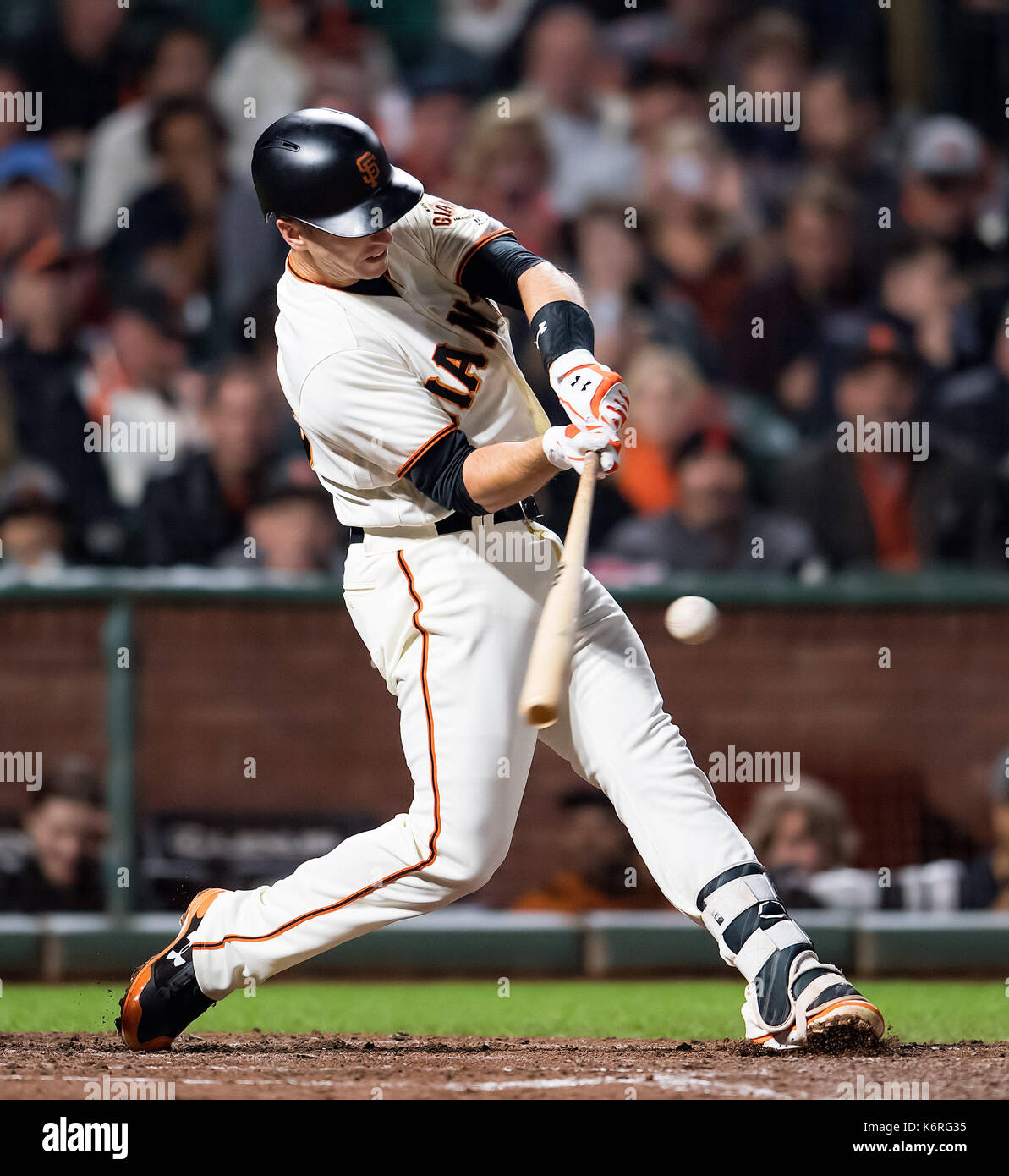 San Francisco, California, USA. 13th Sep, 2017. San Francisco Giants first baseman Buster Posey (28) fouls out during the second inning of a MLB game between the Los Angeles Dodgers and the San Francisco Giants at AT&T Park in San Francisco, California. Valerie Shoaps/CSM/Alamy Live News Stock Photo