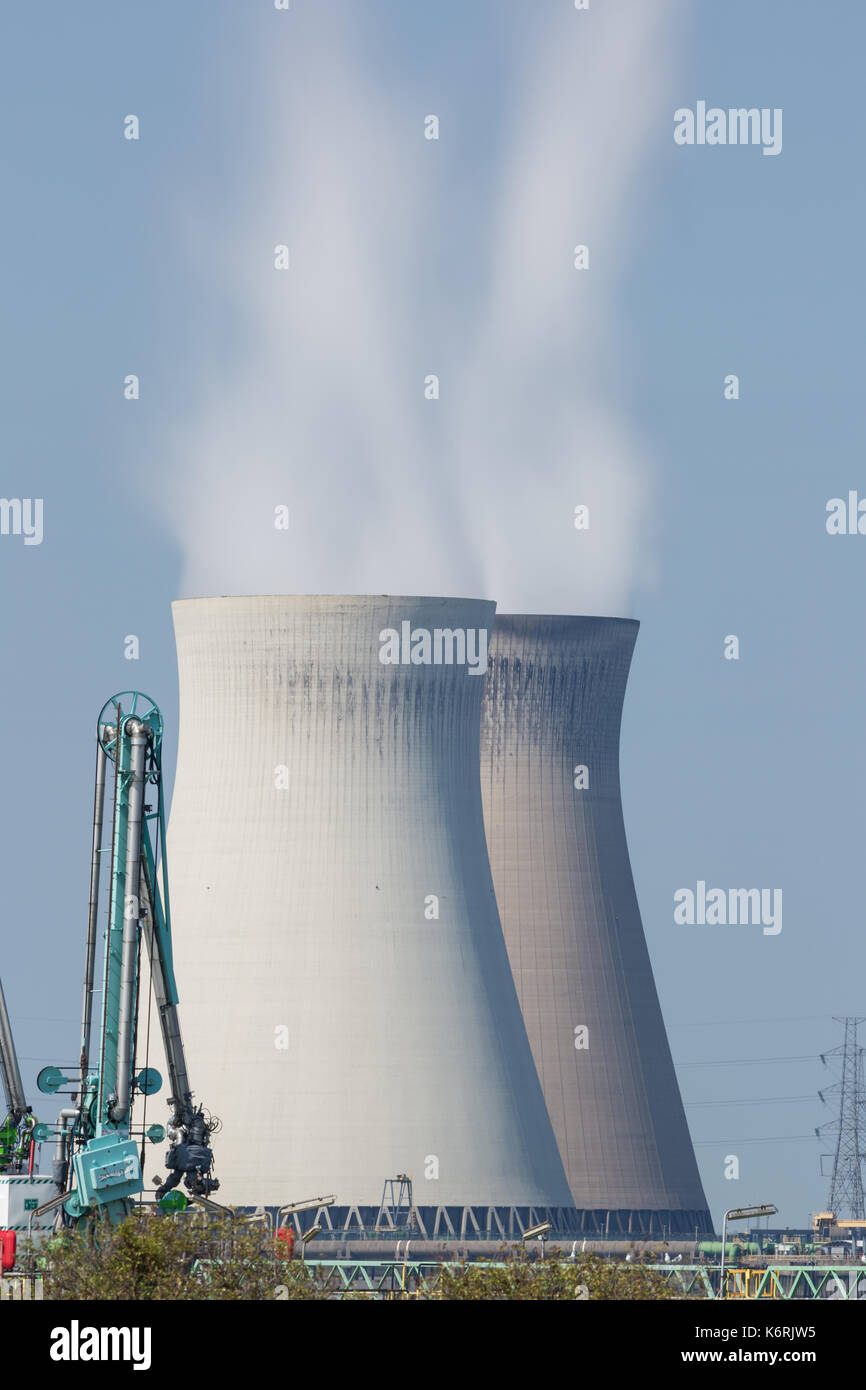 Smokestacks of the nuclear power plant of Doel, near Antwerp seen from Fort Liefkenshoek Stock Photo