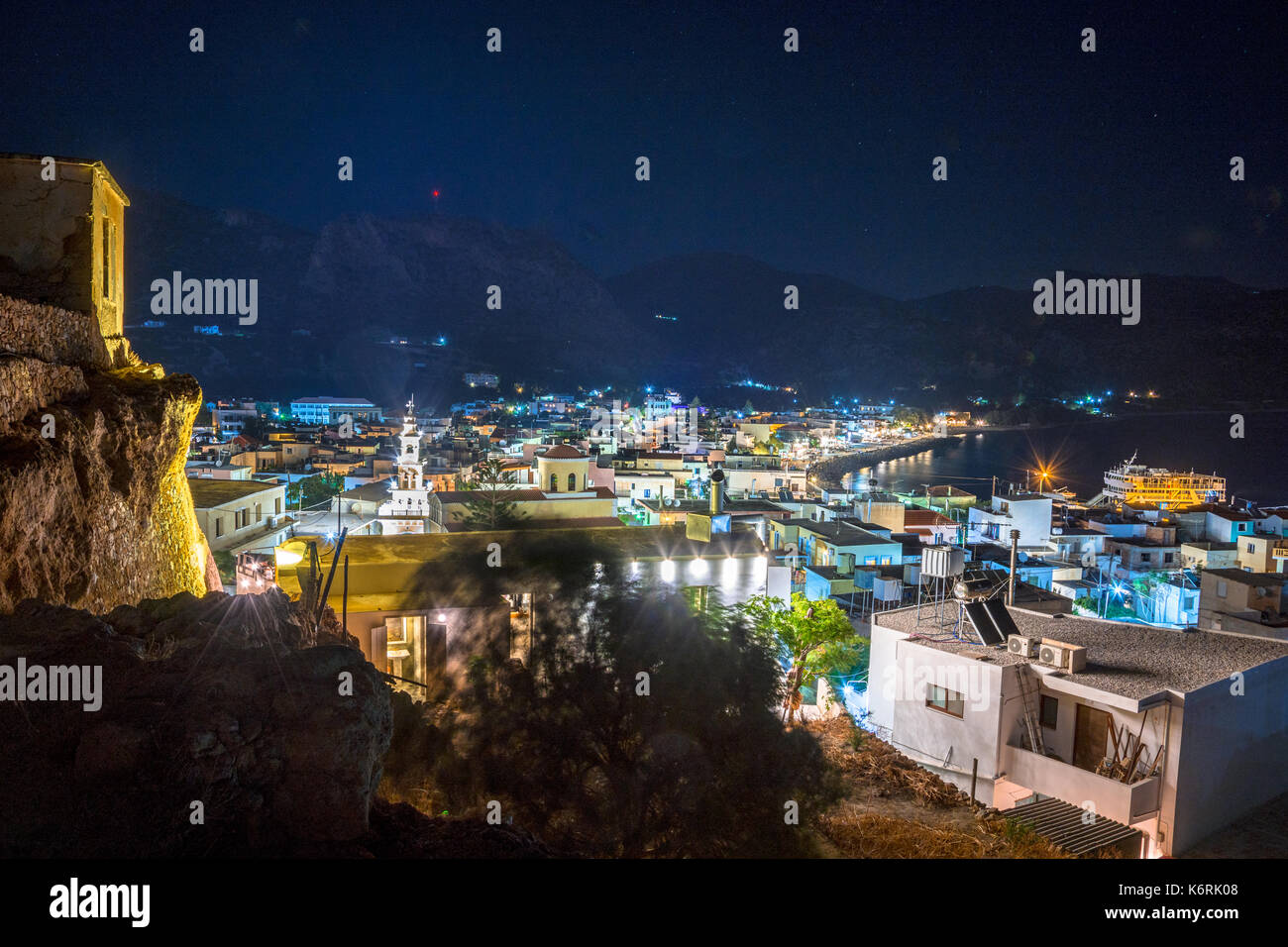 High night view from the castle of traditional village of Paleochora, Crete, Greece. Stock Photo