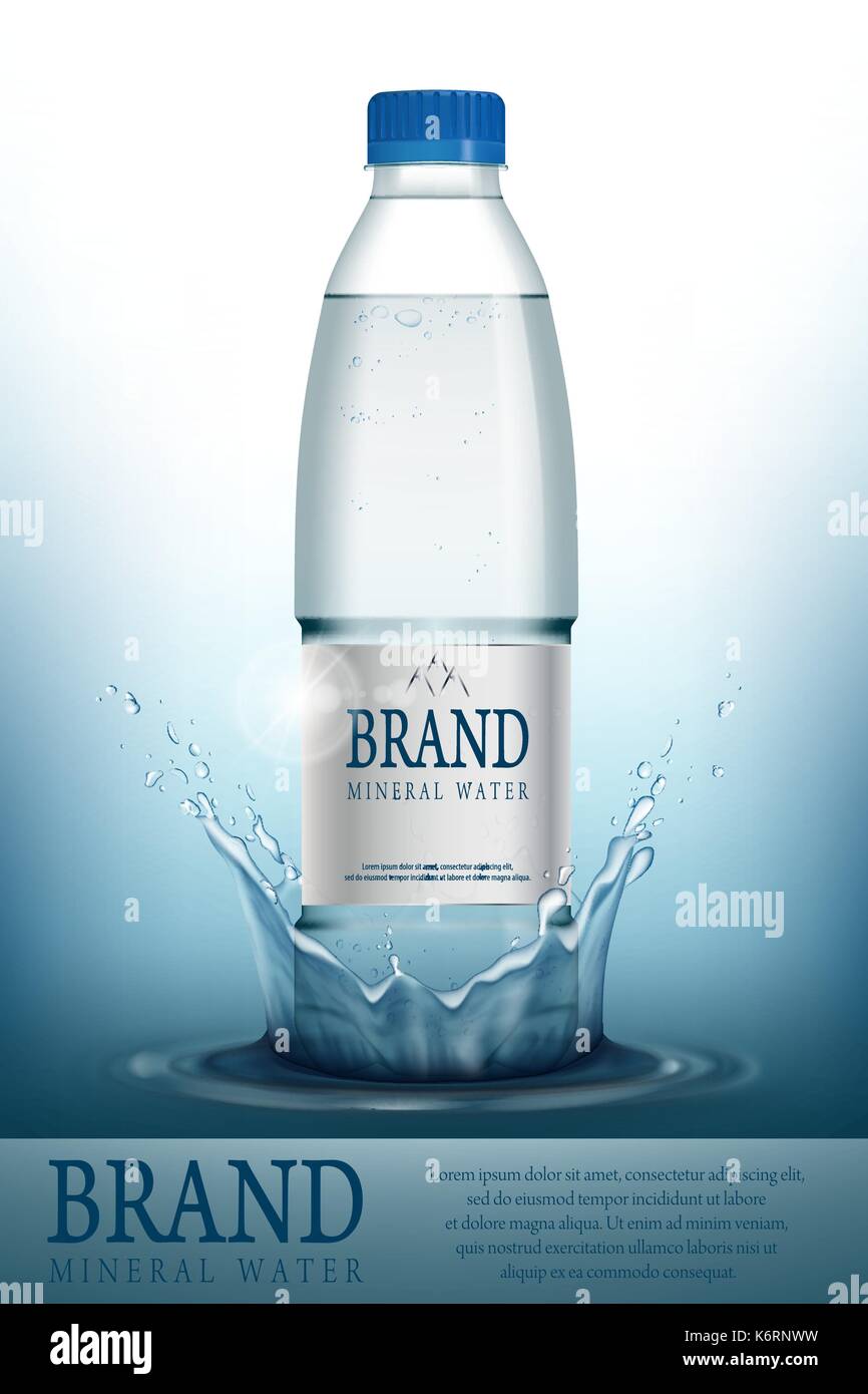 Mineral water realistic Bottle container mockup template. Transparent Drinking water Bottle with your brand for ads or magazine design. 3d vector illustration. Stock Vector