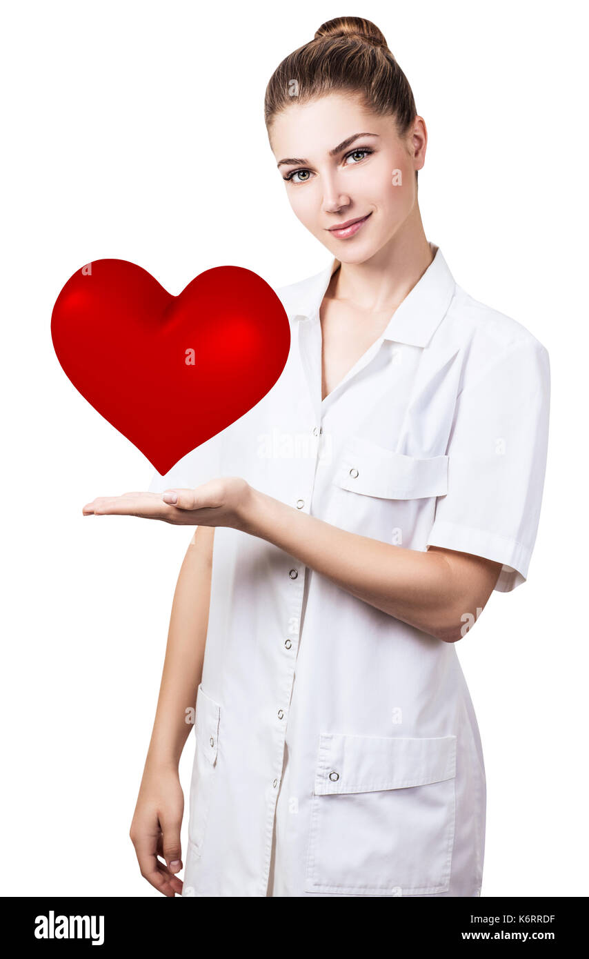 Cardiologist woman doctor holding big red heart. Stock Photo