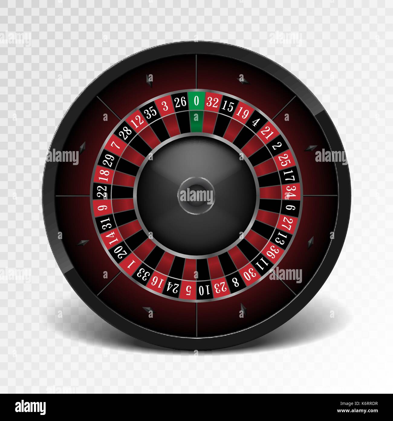 Realistic black casino roulette wheel isolated on transparent background. American gambling roulette wheel. Vector illustration. Stock Vector