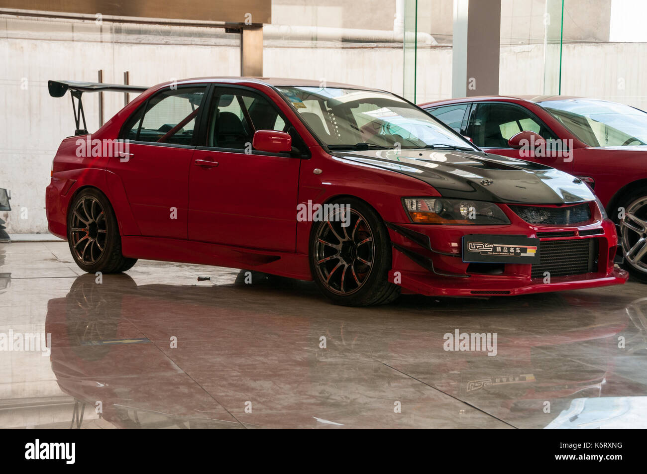 Mitsubishi Lancer Evo IX after modification in the showroom of U2 cars in the Fengyiqiao area of Beijing. Stock Photo