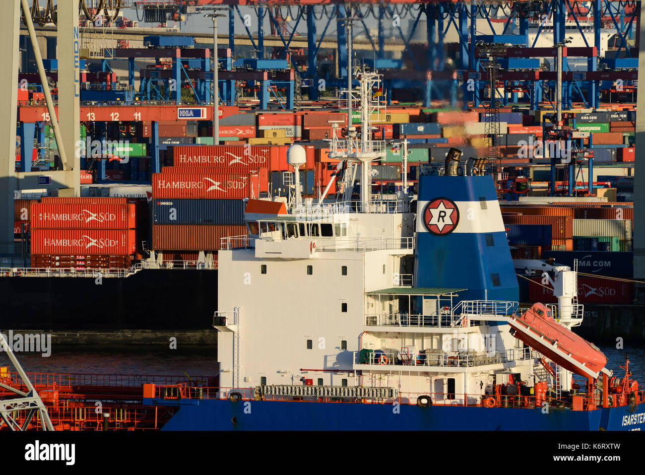 GERMANY Hamburg, container harbour, exhaust pipe of container ship