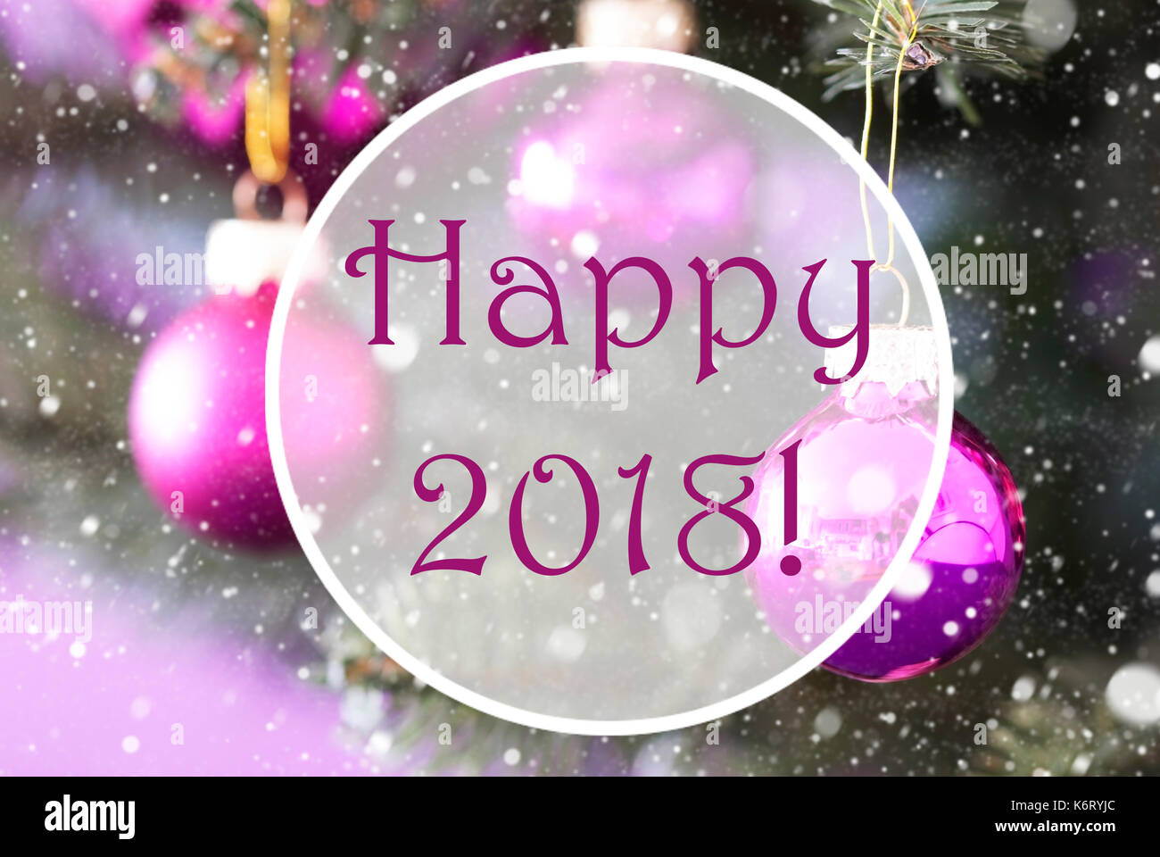 Rose Quartz Christmas Balls, Text Happy 2018 Stock Photo