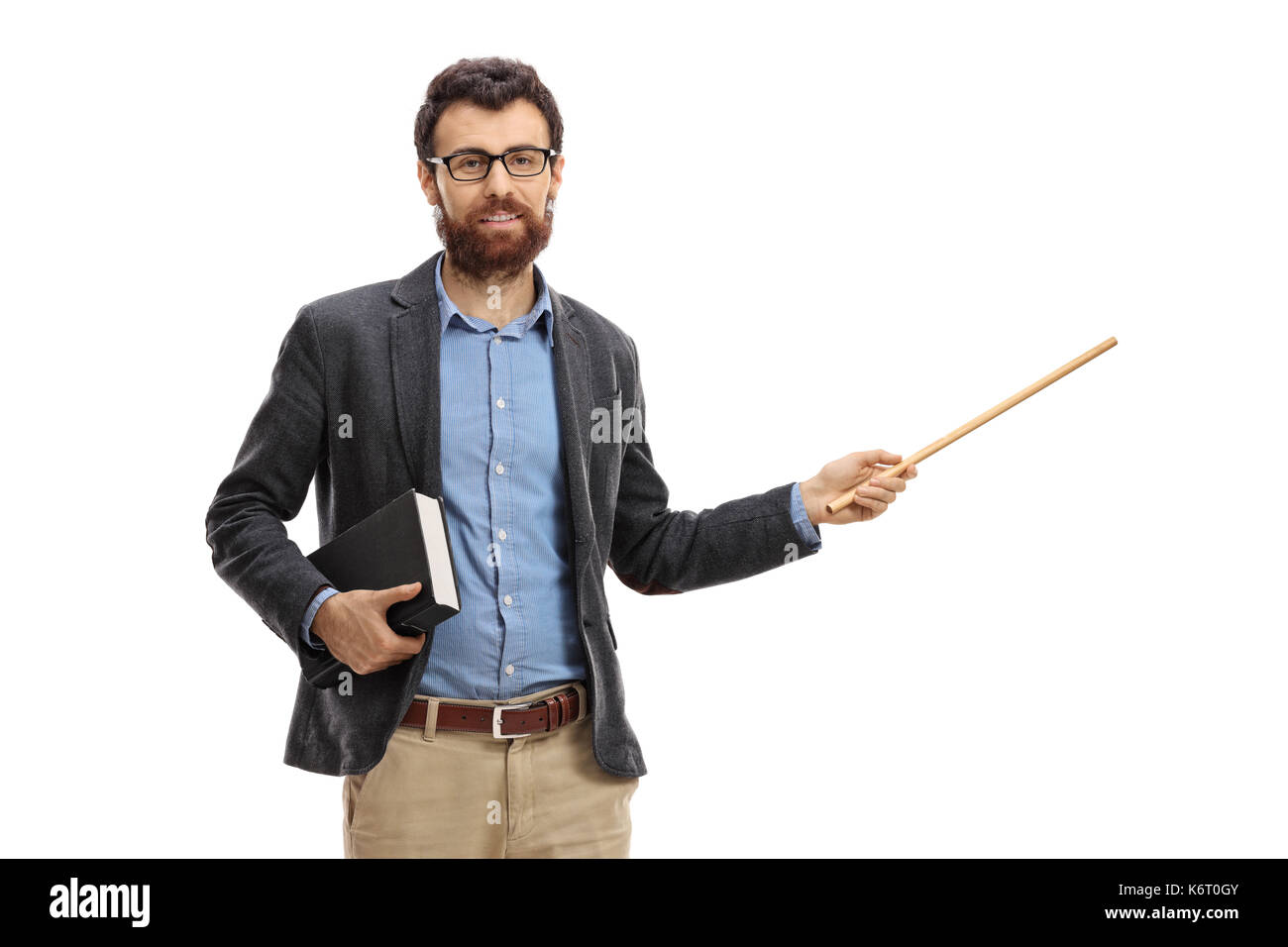 Teacher with a book and a wooden stick isolated on white background Stock Photo