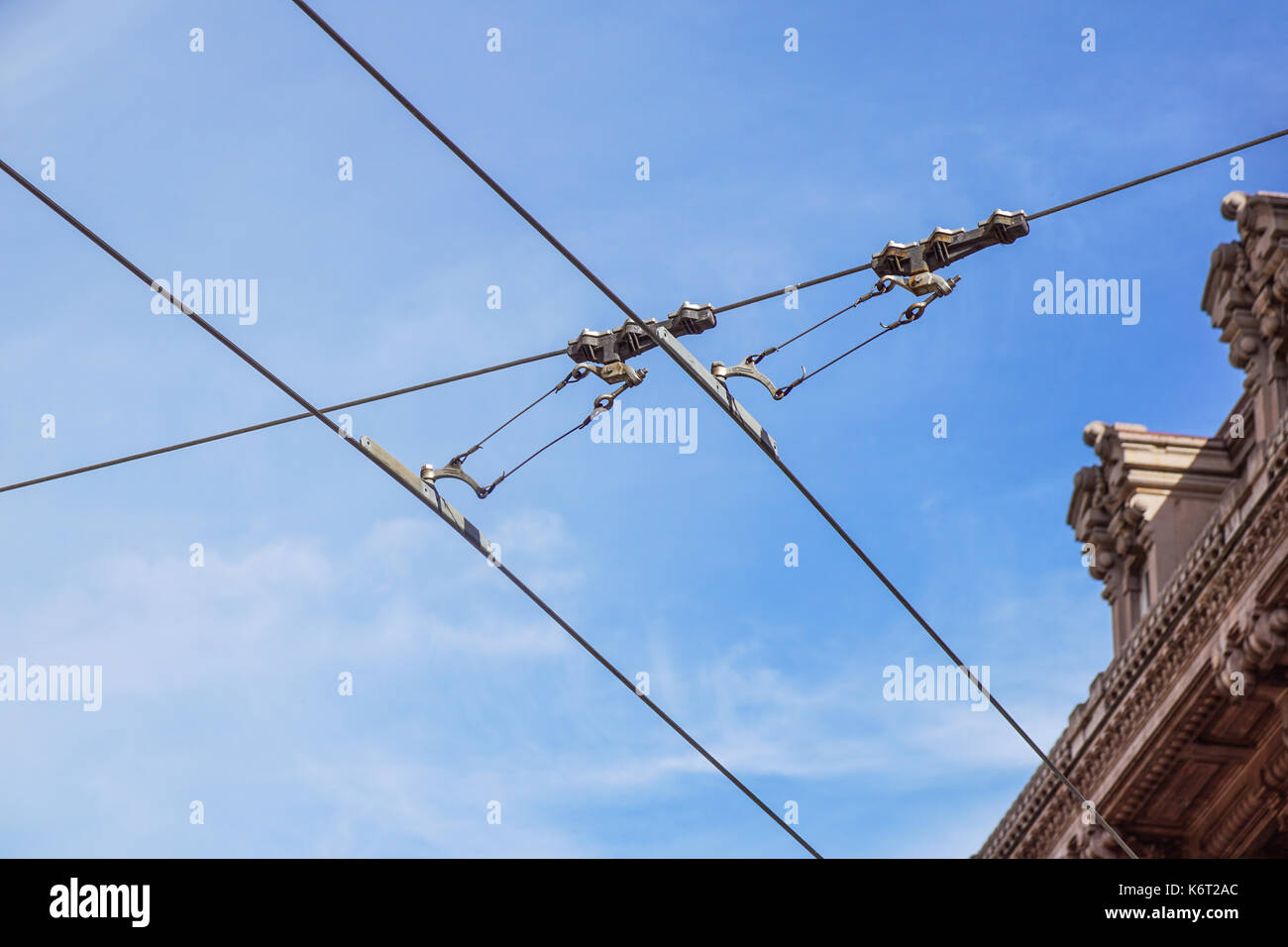 Streetcars or tram electric wires close up Stock Photo