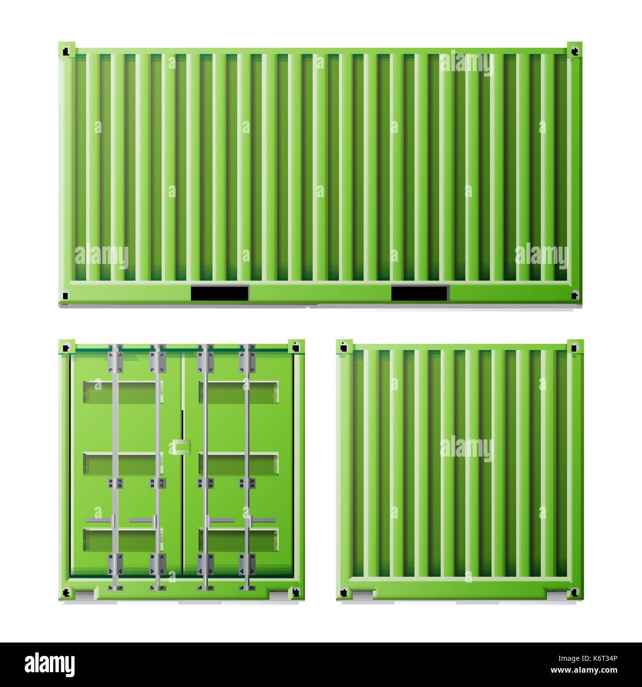 Green Cargo Container Vector. Freight Shipping Container Concept. Logistics, Transportation Mock Up. Front And Back Sides. Isolated On White Background Illustration Stock Vector