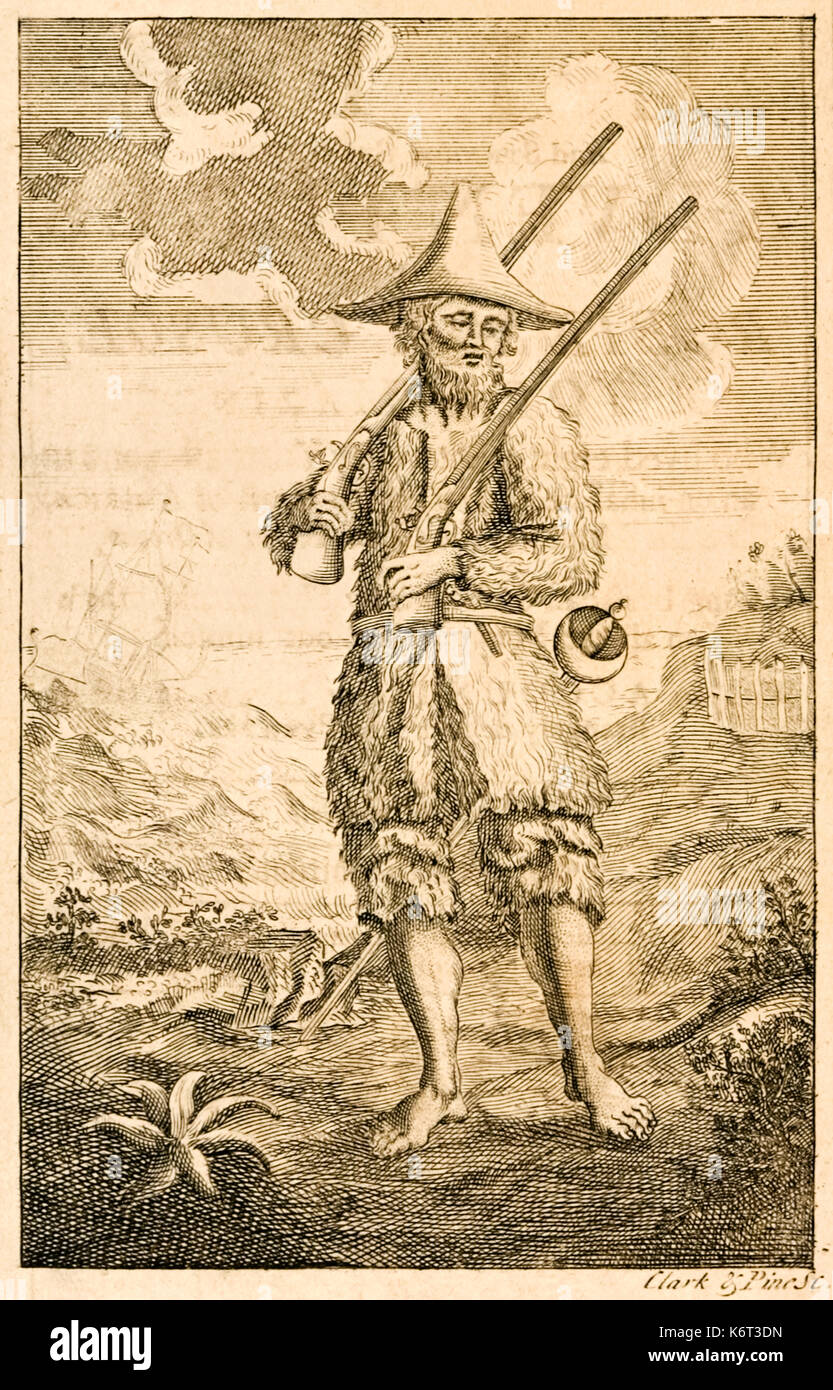‘Robinson Crusoe’ frontispiece illustration showing the supposed author Crusoe on the shore with muskets and sword. From “The Life and Strange Surprising Adventures of Robinson Crusoe, or York, Mariner” by Daniel Defoe (1660-1731) published in 1719. See more information below. Stock Photo
