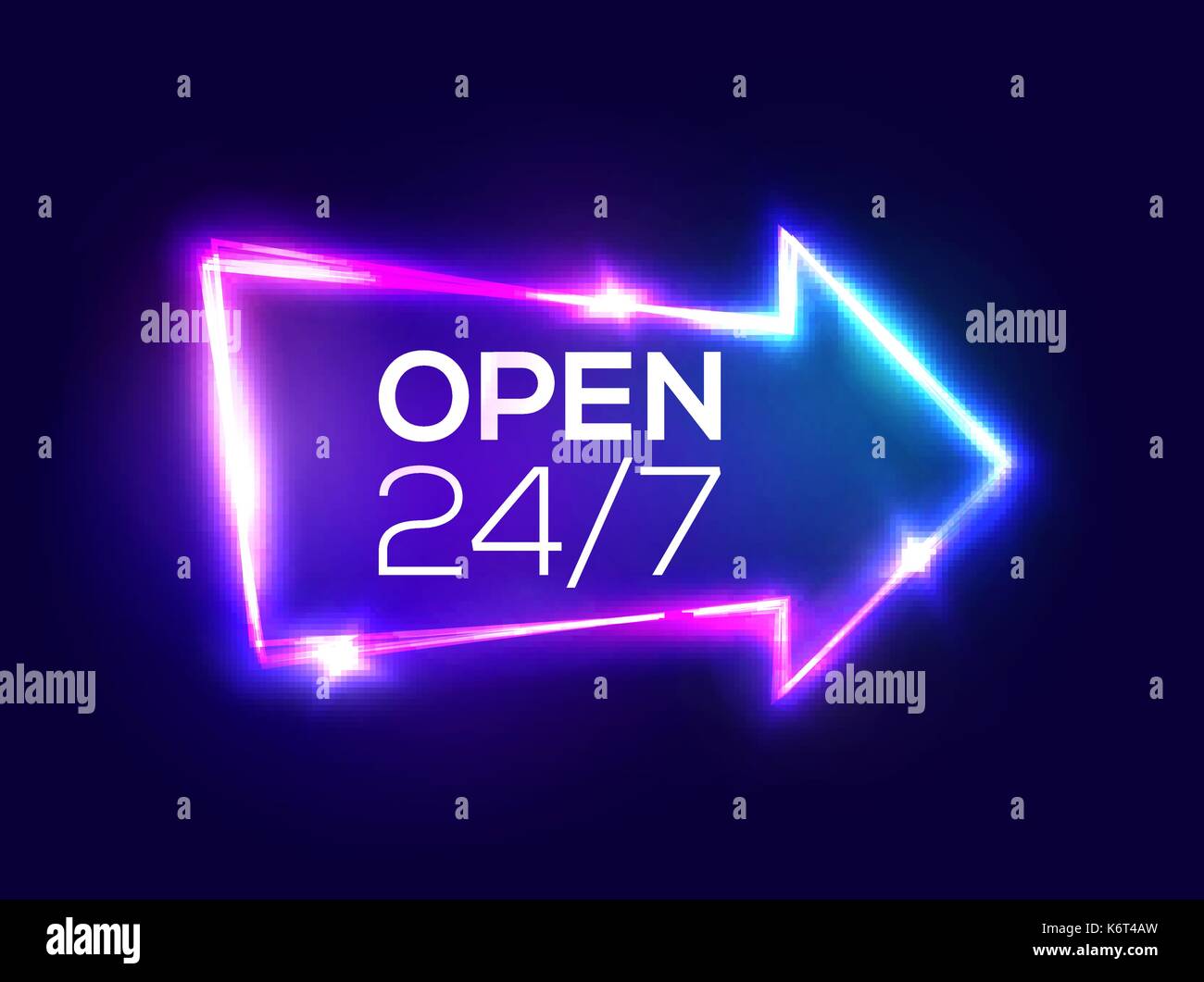 Open 24 7 Hours. Night Club Neon Sign. 3d Retro Light Bar Arrow Pointer With Neon Effect. Techno Frame On Dark Blue Backdrop. Electric Street Banner Design. Colorful Vector Illustration in 80s Style. Stock Vector