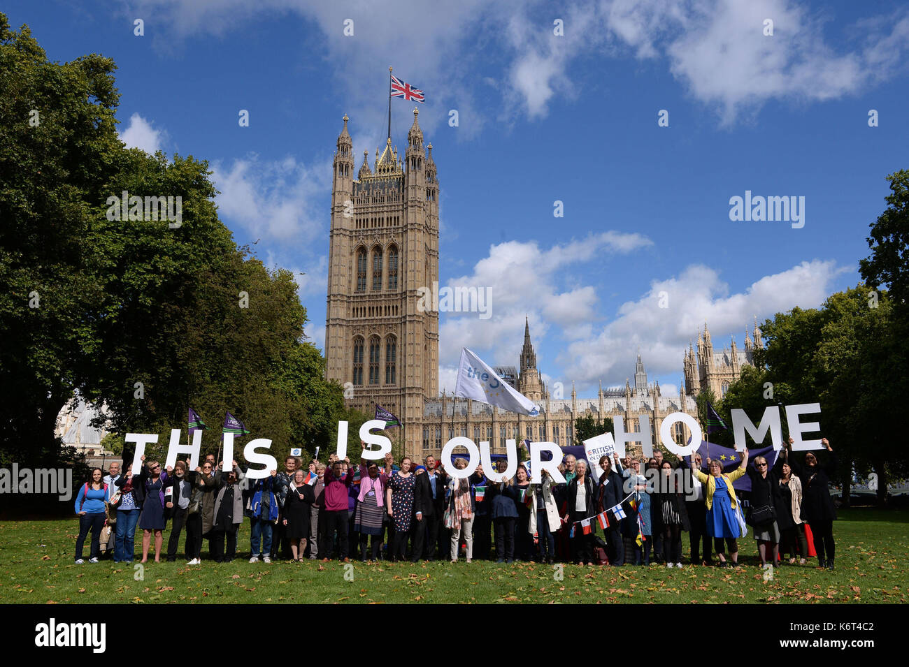 EU citizens in Victoria Tower Gardens in Westminster, London where they are lobbying MPs to guarantee post-Brexit rights. Stock Photo