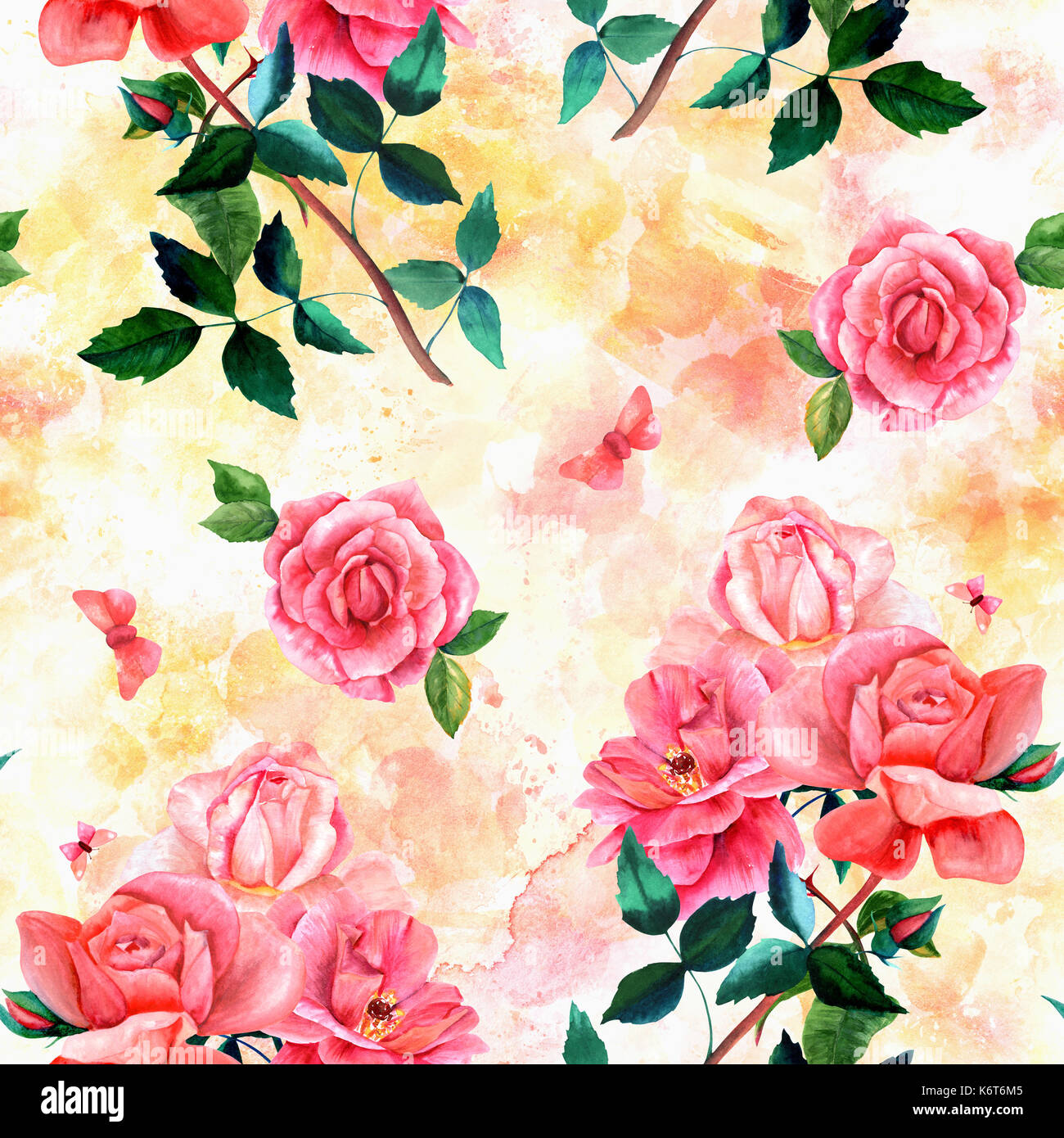 Seamless pastel pattern with watercolor roses and butterflies Stock ...