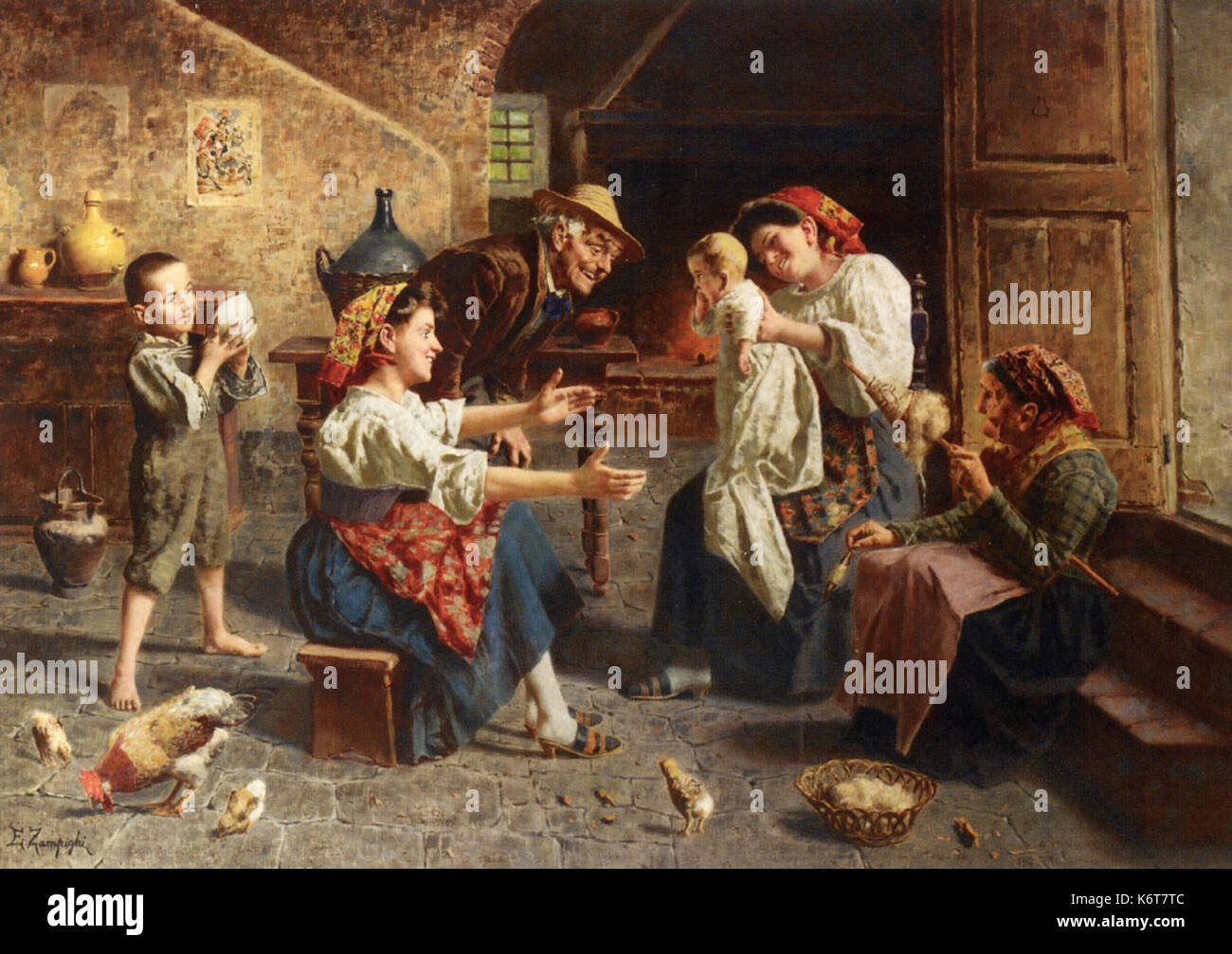 Eugenio Zampighi's painting 'Playing with Baby' depicts a serene domestic scene, capturing the warmth and affection between a caregiver and child. The artwork exemplifies Zampighi’s talent for portraying intimate, everyday moments in the 19th-century genre style. Stock Photo