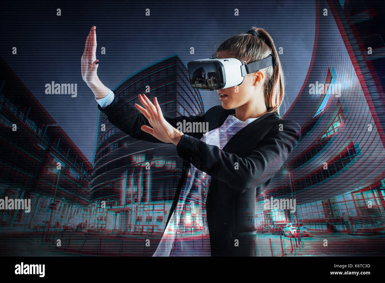 Young girl getting experience VR headset, is using augmented reality ...